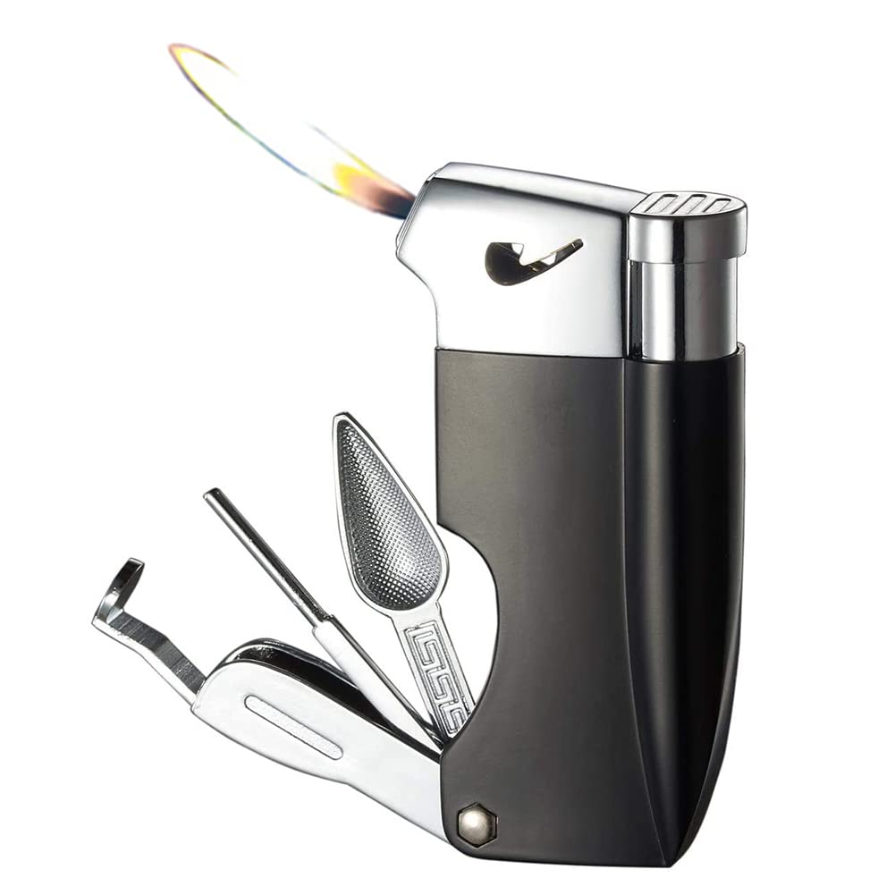 4-in-1 Butane Torch Lighter with Pipe Cleaners - Refillable Jet Flame for Camping, BBQ & Candle Lighting (Black)