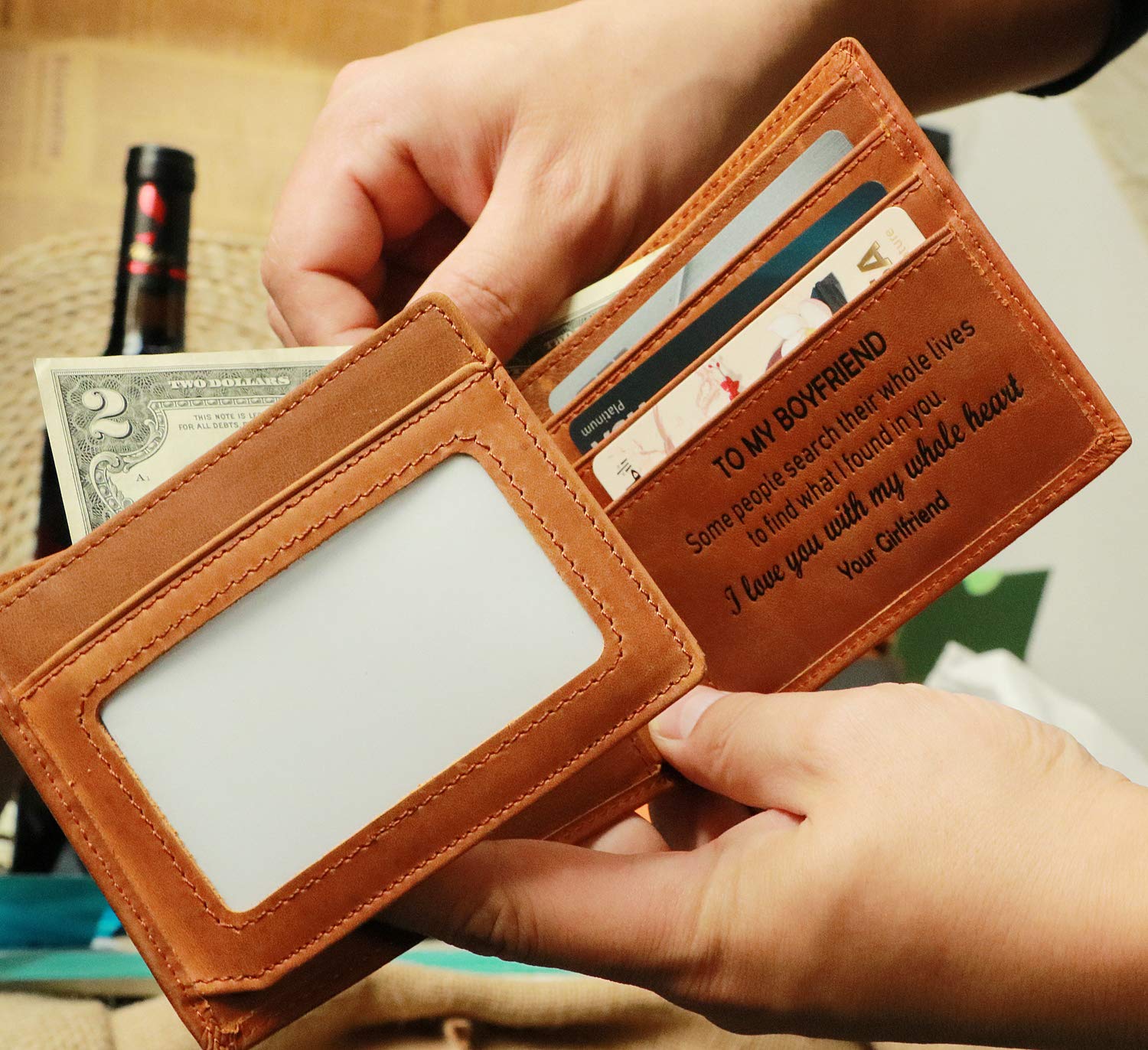 Personalized Engraved Trifold Leather Wallet for Men - Romantic Valentine's Day Gift for Boyfriend, Husband & Dad - Best Anniversary & Birthday Present Idea - Perfect for Everyday Use, Travel & Special Occasions