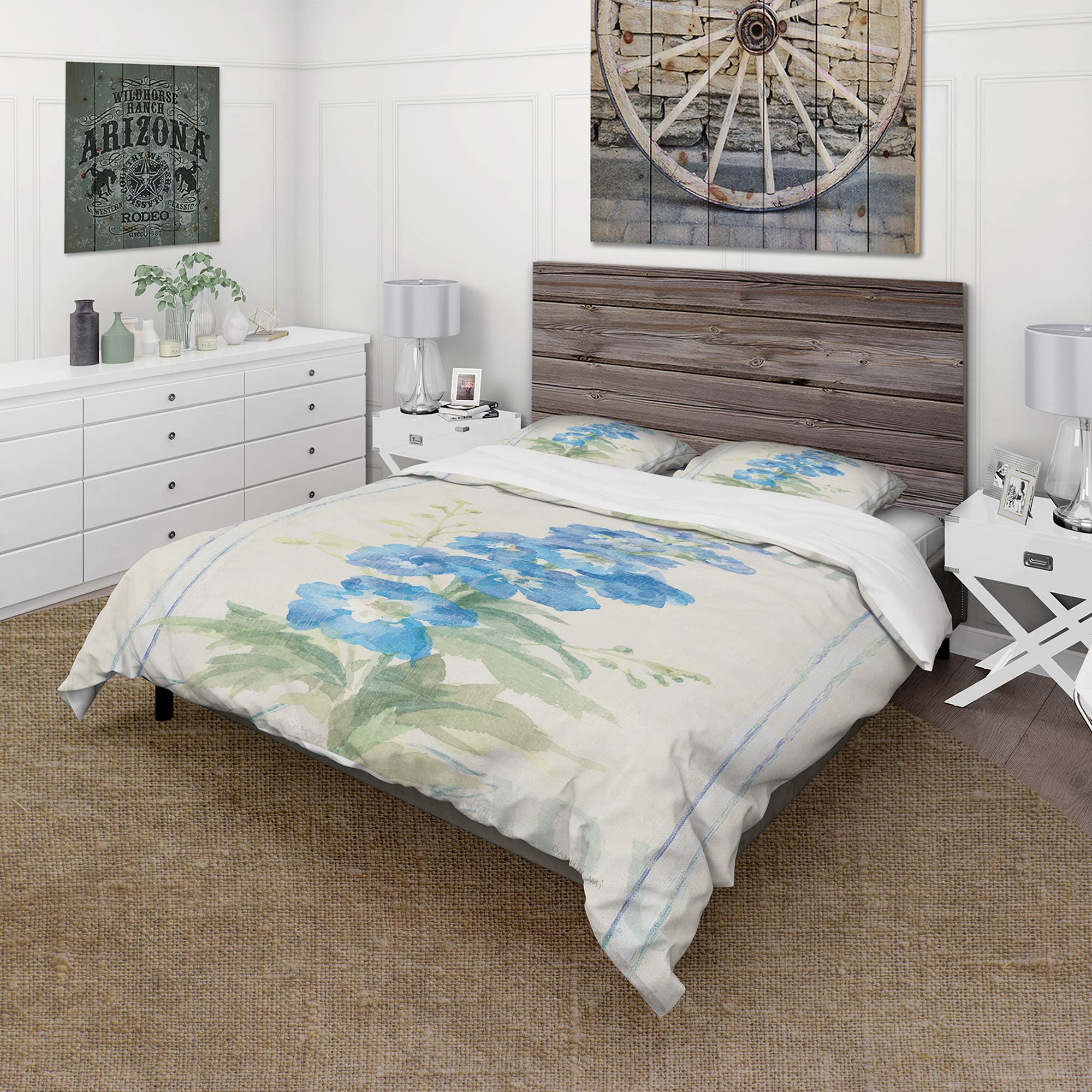 DesignQ Floral Farmhouse Duvet Cover Set - King Size Blue Floral Bedding (3-Piece) | All-Season Comfort for Rustic & Modern Bedrooms