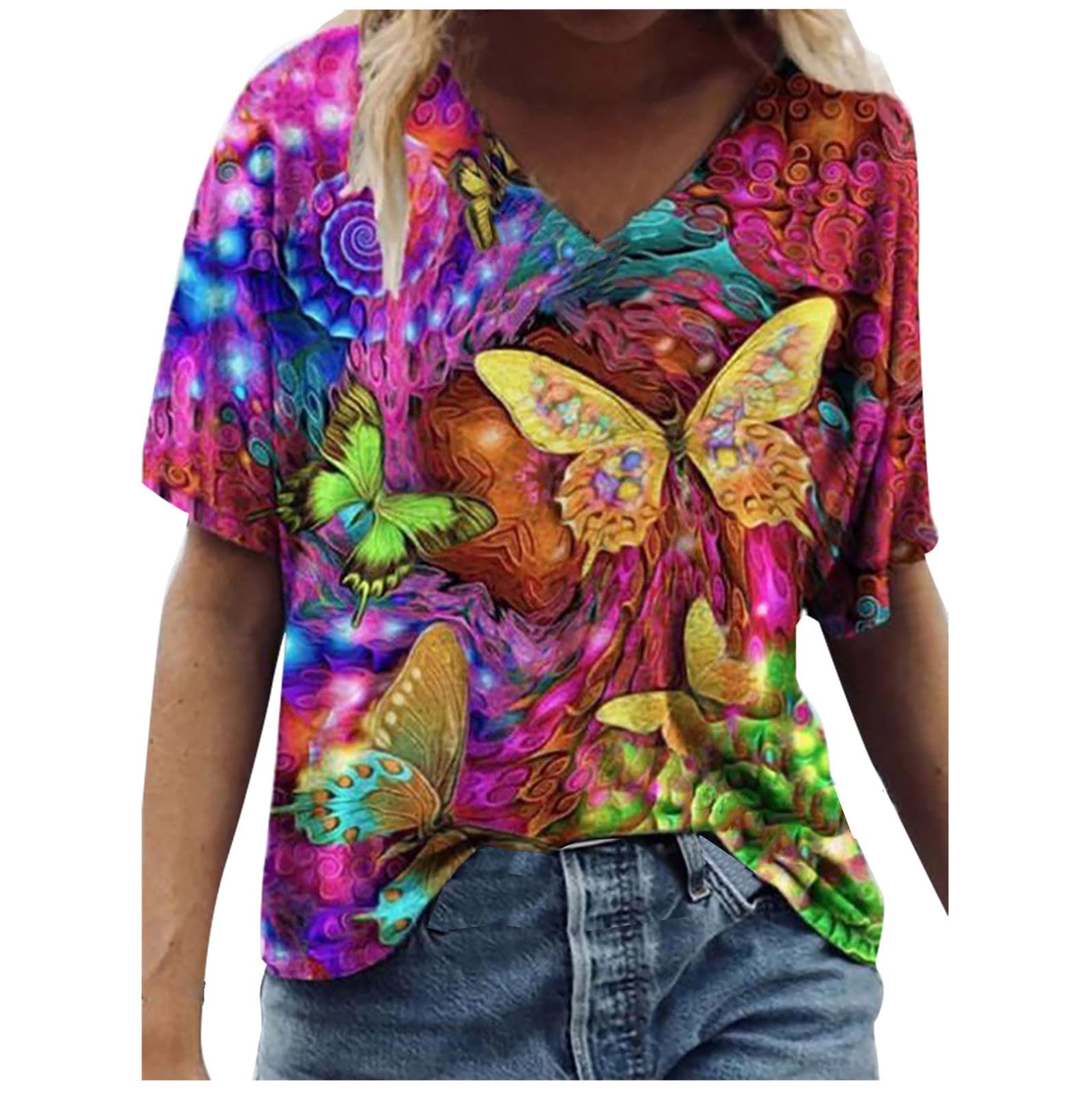 Women's Summer V-Neck Floral T-Shirts - Lightweight Loose Short Sleeve Casual Blouses for Everyday Wear, Beach Outings & Weekend Brunch