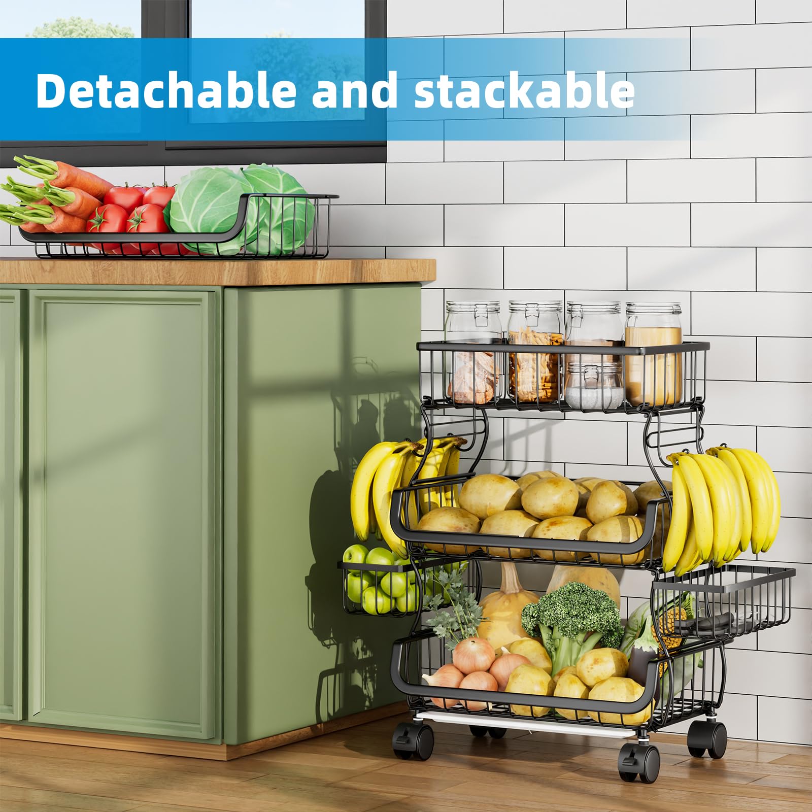 4-Tier Rolling Kitchen Cart with Wheels - Stackable Metal Wire Basket Organizer for Fruits, Vegetables, Bread & Snacks - Includes 2 Hanging Baskets - Perfect for Pantry, Grocery Storage & Small Space Organization (Black)