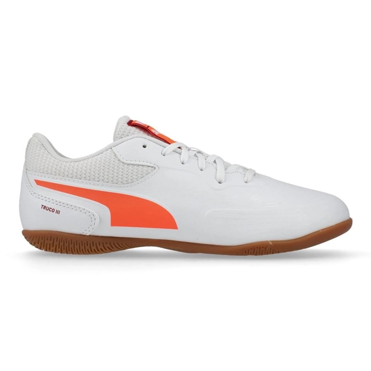 Puma Truco III Junior Indoor Soccer Shoes for Kids - White/Glowing Red/Dark Crimson | Lightweight Football Cleats for Indoor Training & Games