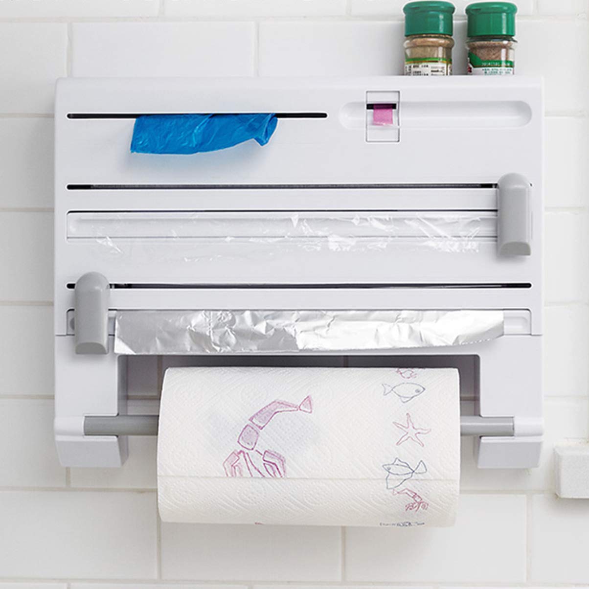 BESPORTBLE Multi-Function Wall Mounted Paper Towel Holder with Built-in Cutter - Durable Plastic Kitchen Organizer for Paper Towels, Aluminum Foil & Cling Film - Perfect for Kitchen, Pantry, RV & Office Use