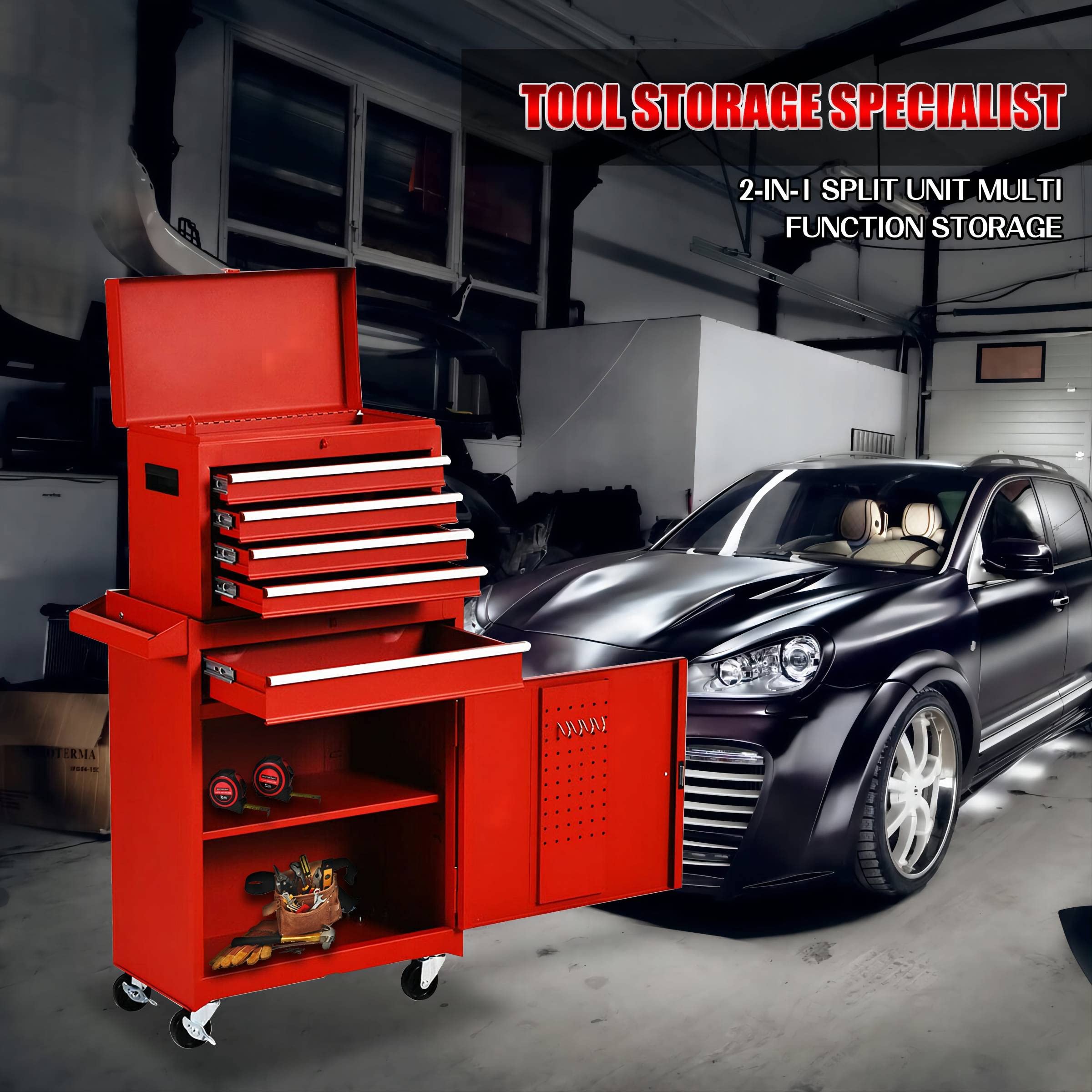 5-Drawer Rolling Tool Chest with Lockable Drawers & 4 Wheels - High Capacity 2-in-1 Tool Storage Cabinet for Garage, Workshop & Warehouse Organization (Red) - Perfect for Professional Mechanics & DIY Home Improvement Projects