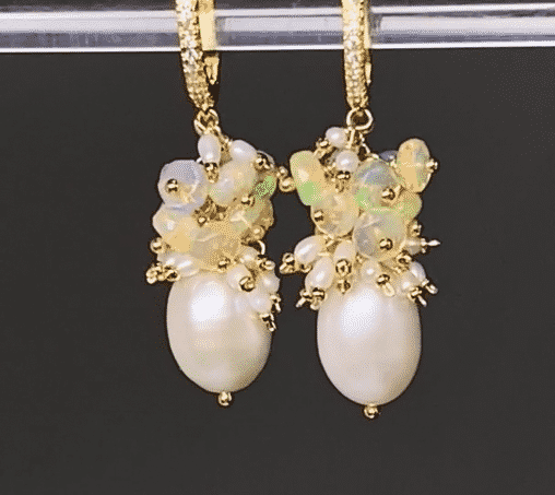Exquisite Pearl and Opal Cluster Earrings in 14K Gold - Elegant Dangle Earrings for Women, Perfect for Weddings, Parties & Special Occasions