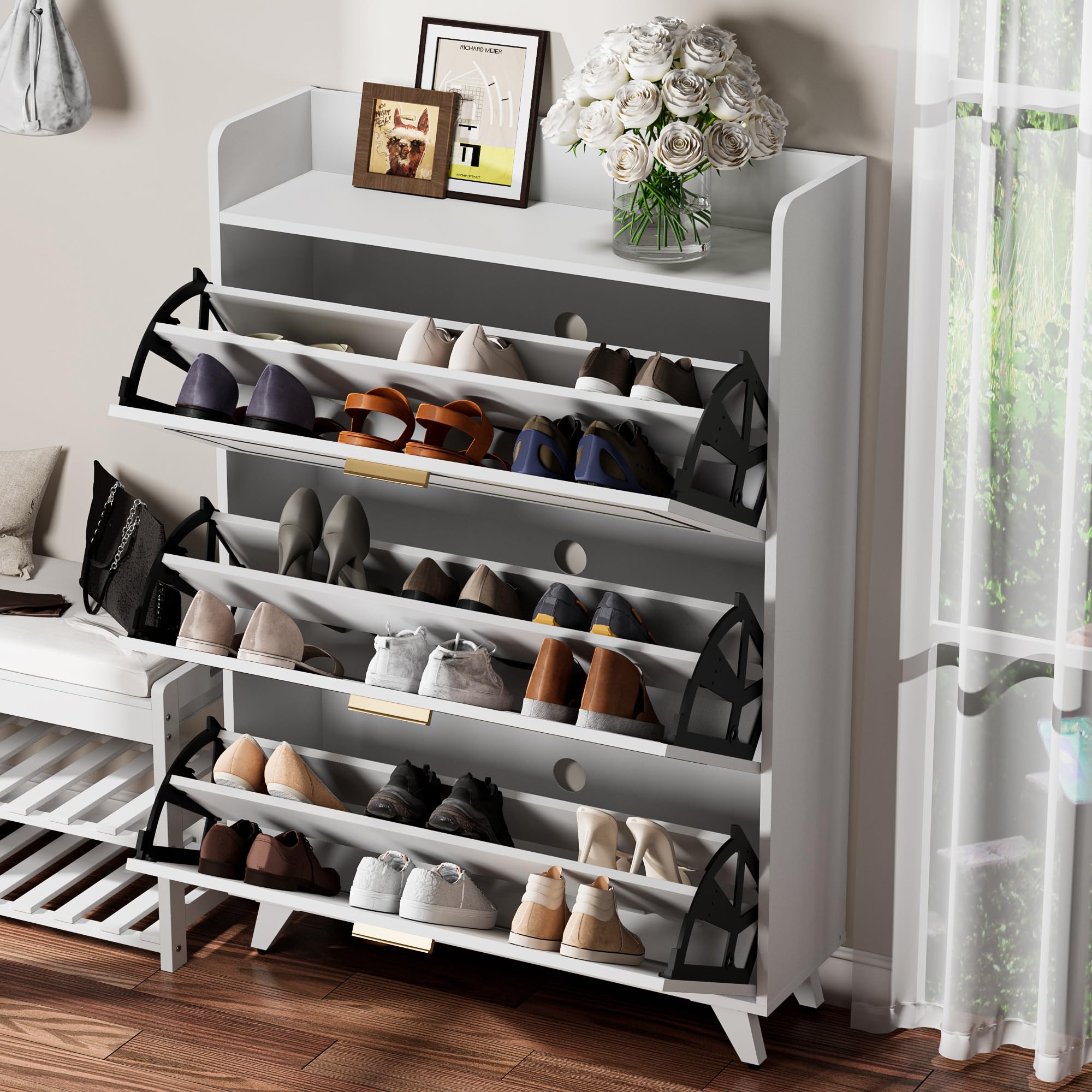 Cozy Castle 3-Tier Flip Drawer Shoe Storage Cabinet - Narrow Hidden Shoe Organizer for Entryway, Hallway & Closet - White Shoe Rack for Small Spaces & Apartment Living