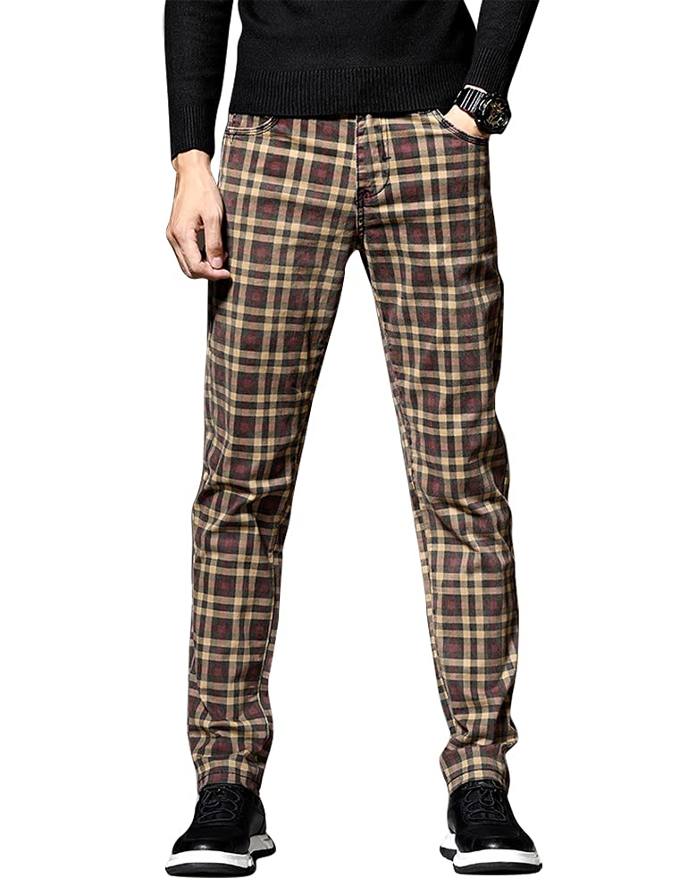 IDEALSANXUN Men's Plaid Dress Pants - Slim Fit Chino Pants with Straight Leg for Office, Business & Casual Wear | Comfortable Skinny Fit Trousers for Work, Dating & Formal Occasions