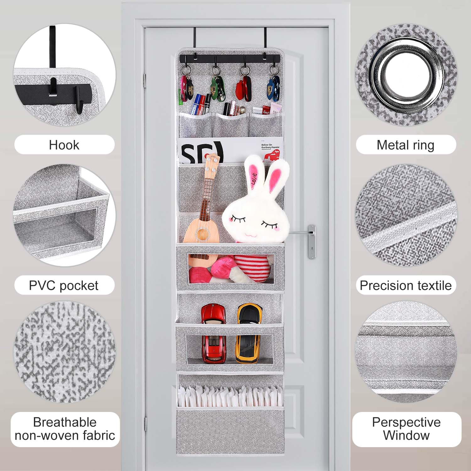 VICTORICH All-in-One Over the Door Organizer with Clear Pockets - Space Saving Hanging Storage for Bedroom, Bathroom & Office - Multi-Purpose Wall File & Shoe Organizer (New Grey)