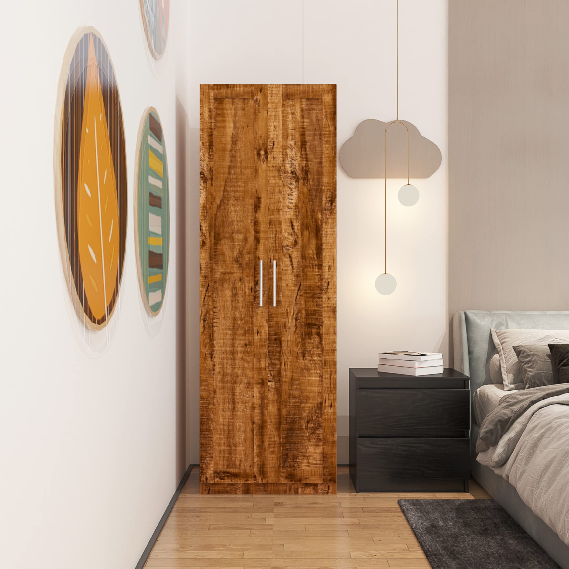 WERSMT 2-Door Small Wardrobe Closet for Bedroom - Brown Wooden Armoire with Hanging Rod & Shelves (23.62