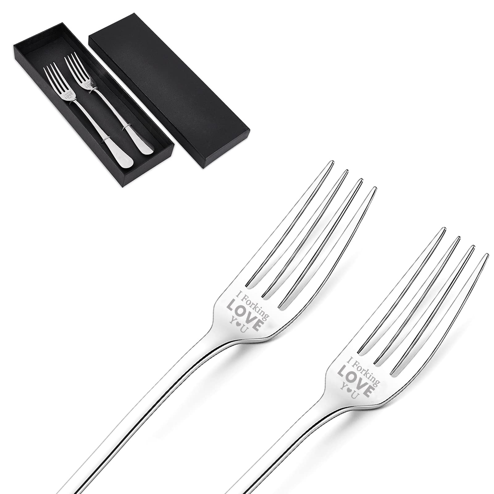 GLOBLELAND 2-Piece Stainless Steel 'I Forking Love You' Engraved Forks Set with Gift Box - Funny Kitchen Utensils for Friends & Family - Perfect for Weddings, Anniversaries & Special Occasions (8 Inches)