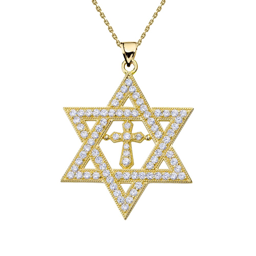 10K Yellow Gold Diamond Star of David Cross Pendant Necklace - 1.4 Inch Religious Jewelry for Women, Perfect for Hanukkah, Christmas Gifts & Daily Wear