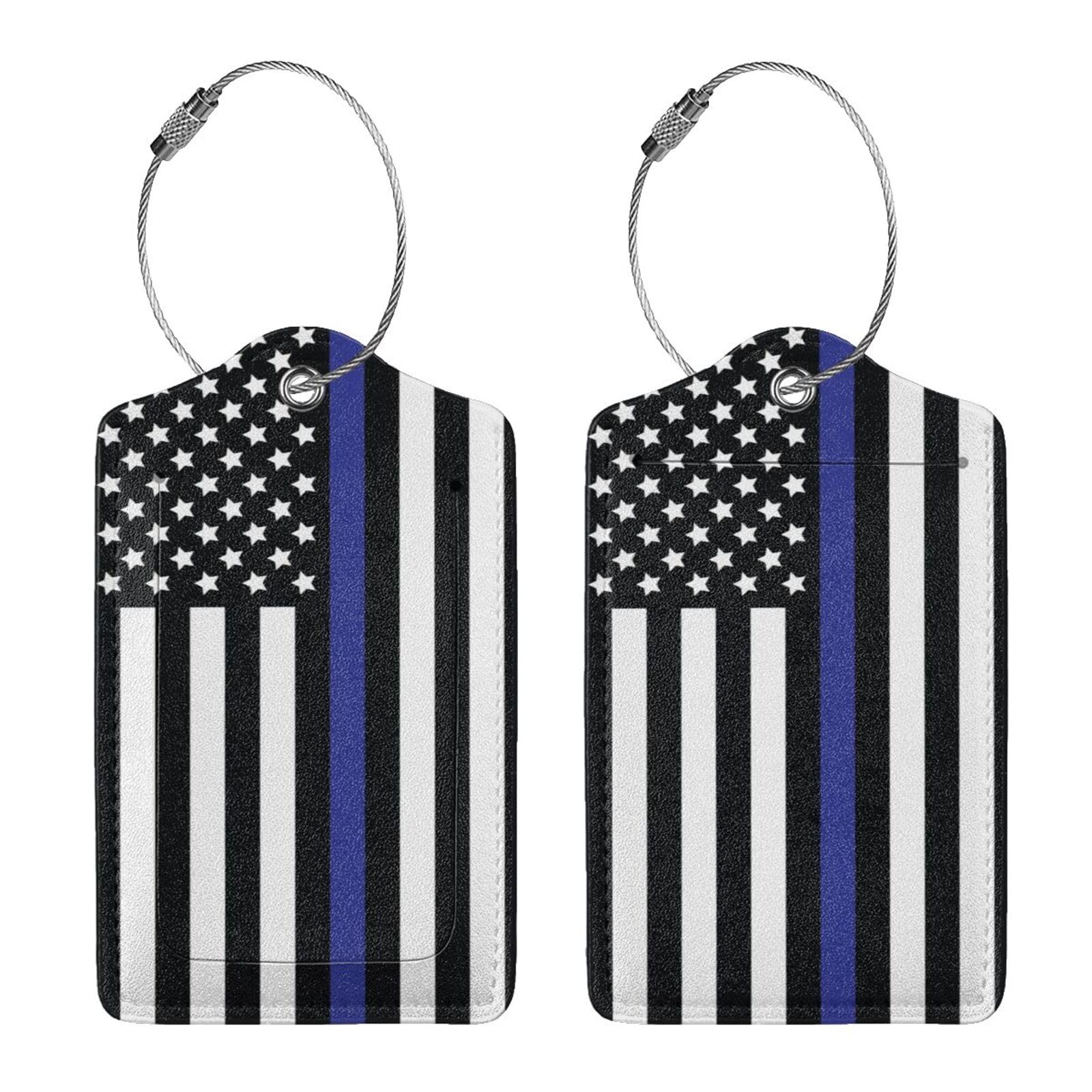 2 Pcs Thin Blue Line American Police Flag Luggage Tags - Durable Suitcase ID Tags with Steel Loop & Privacy Cover - Perfect Travel Accessories for Men & Women - Ideal for Airports, Cruises, and Business Trips
