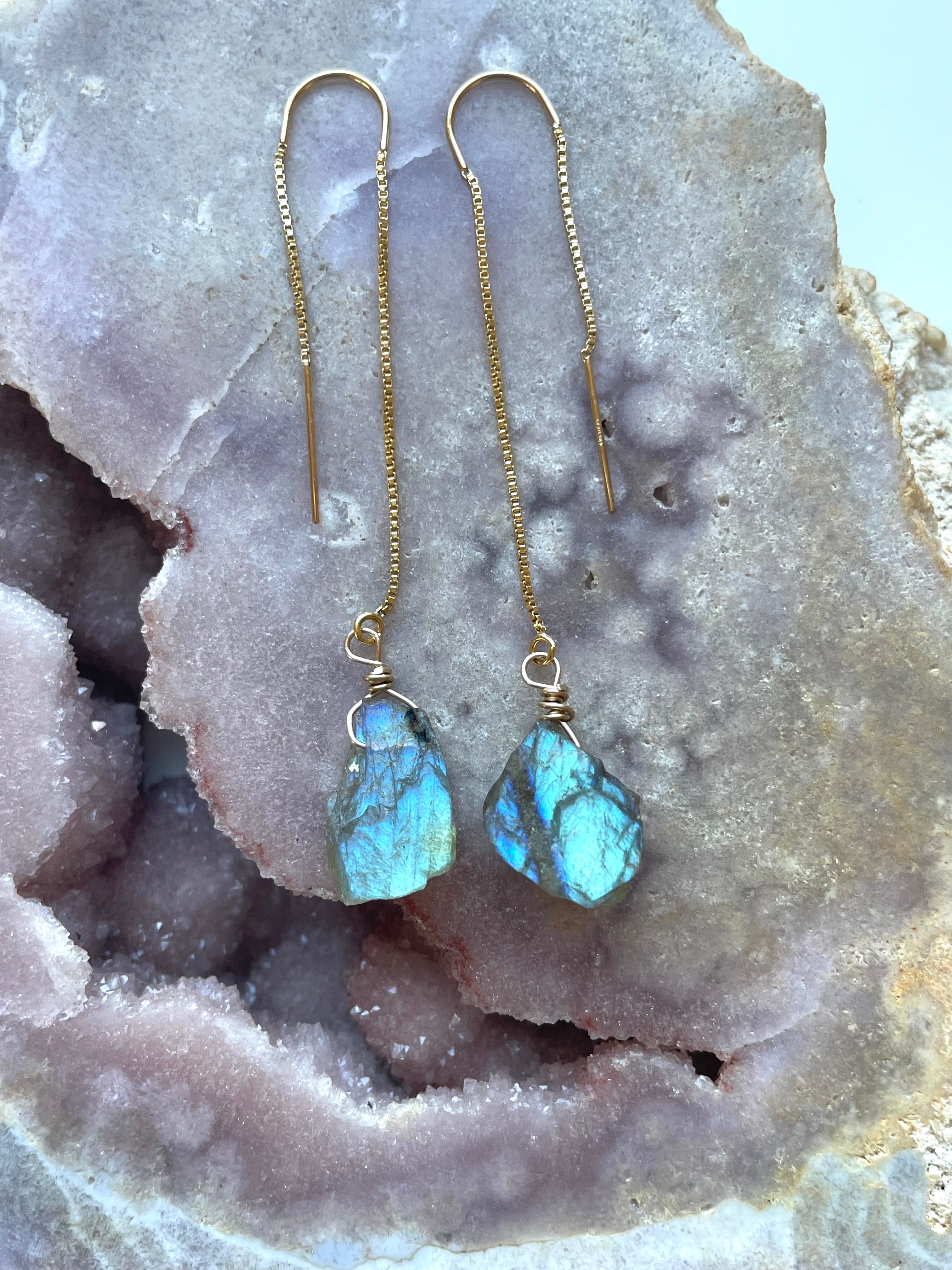 Labradorite Threader Earrings - Sterling Silver or 14K Gold Filled Dangle Earrings for Women | Healing Crystal Jewelry for Everyday Wear & Special Occasions