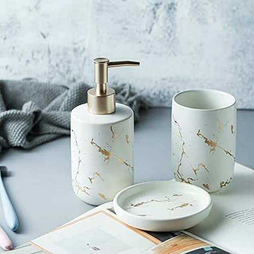 Ceramic Marble Bathroom Set (3pcs) - Soap Dish, Toothbrush Holder & Cup for Modern Bathrooms