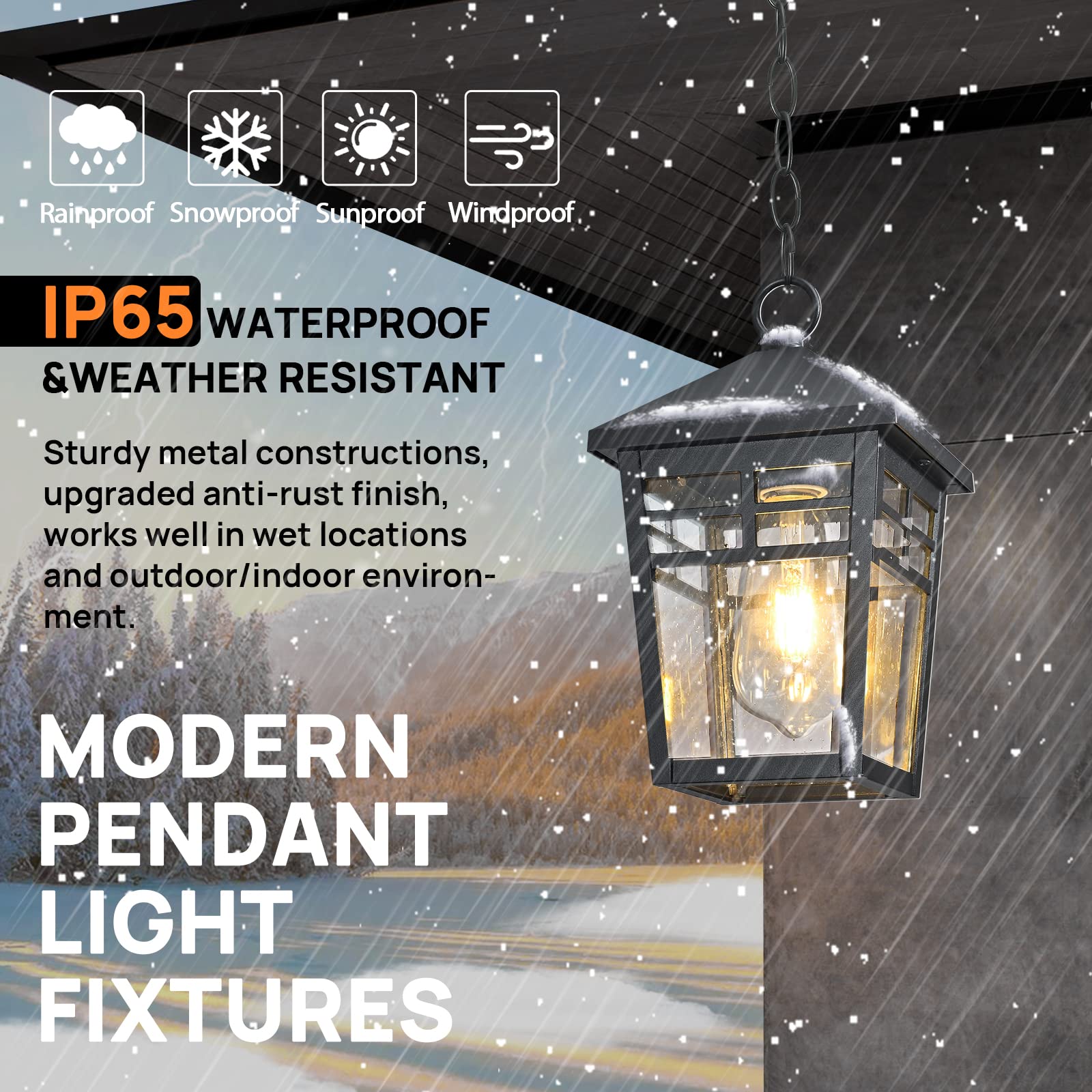 Outdoor Pendant Light Fixture - Waterproof Hanging Porch Lantern with Seeded Glass & Adjustable Chain - Black Exterior Lighting for Entryway, Doorway, Patio, and Garden Decor