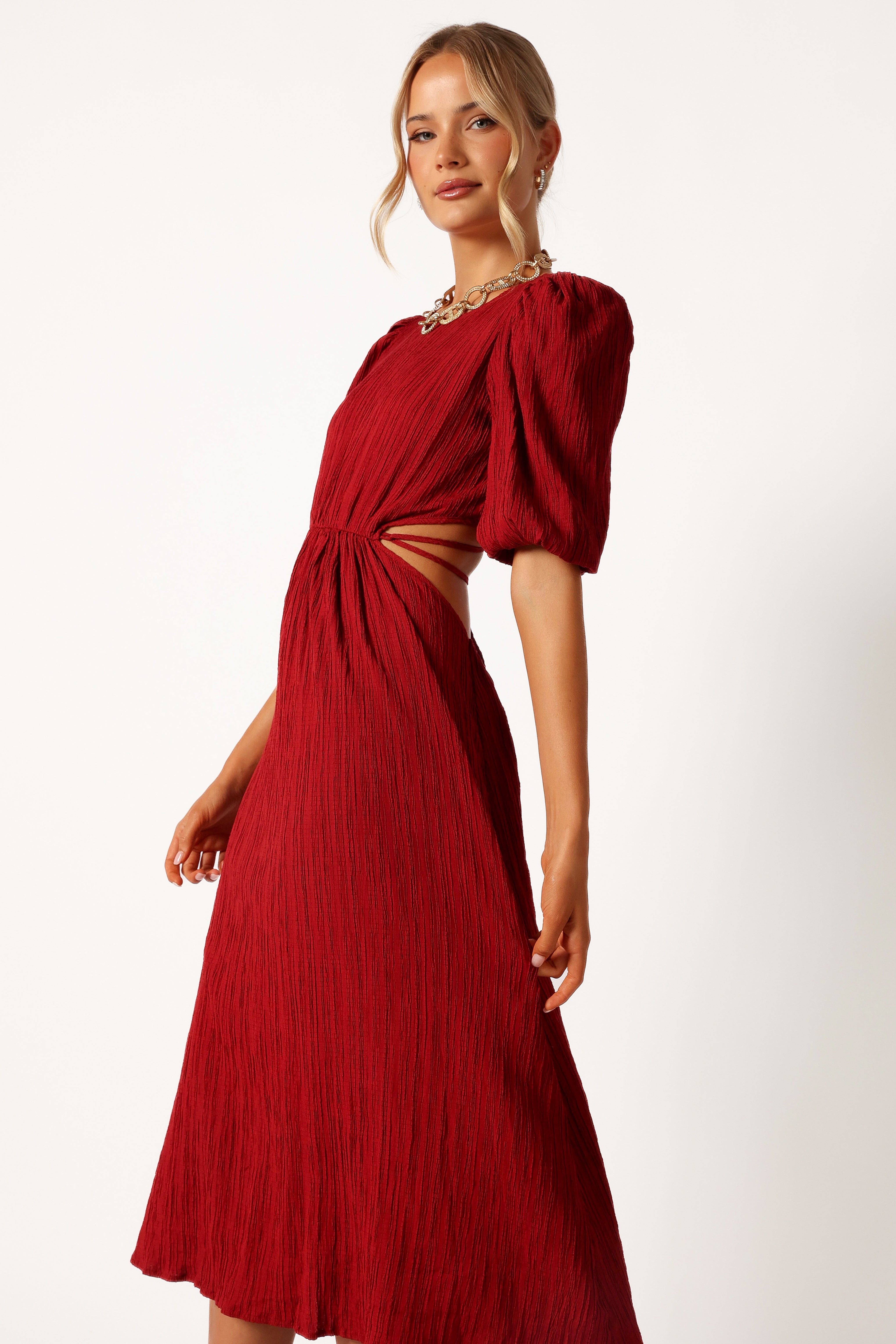 Carina Pleated Midi Dress in Dark Red | Flowy A-Line Skirt for Women | Perfect for Weddings, Parties & Office Wear