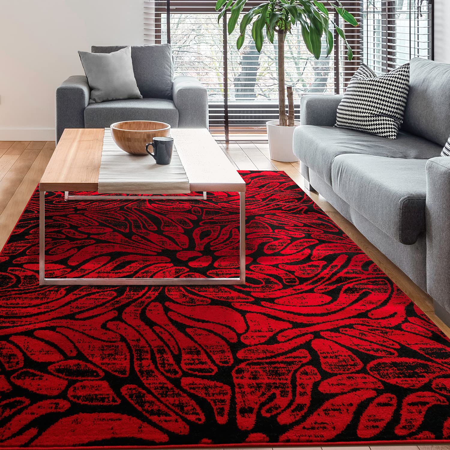Antep Floral Abstract Area Rug 8x10 - Red & Black Indoor Carpet for Living Room, Bedroom, Dining Room - Soft & Durable Home Decor (7'10