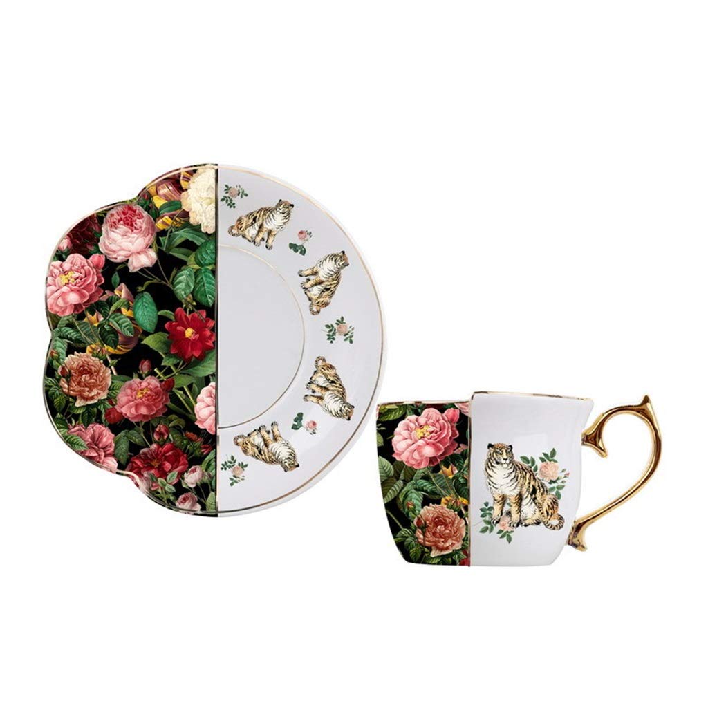 Vintage Gold Trim Tiger Flower Coffee Cup and Saucer Set - Ceramic Tea Mug with Dish for Afternoon Tea, Funny Irregular Retro Tea Tumbler - Perfect for Home, Office, and Gift Giving