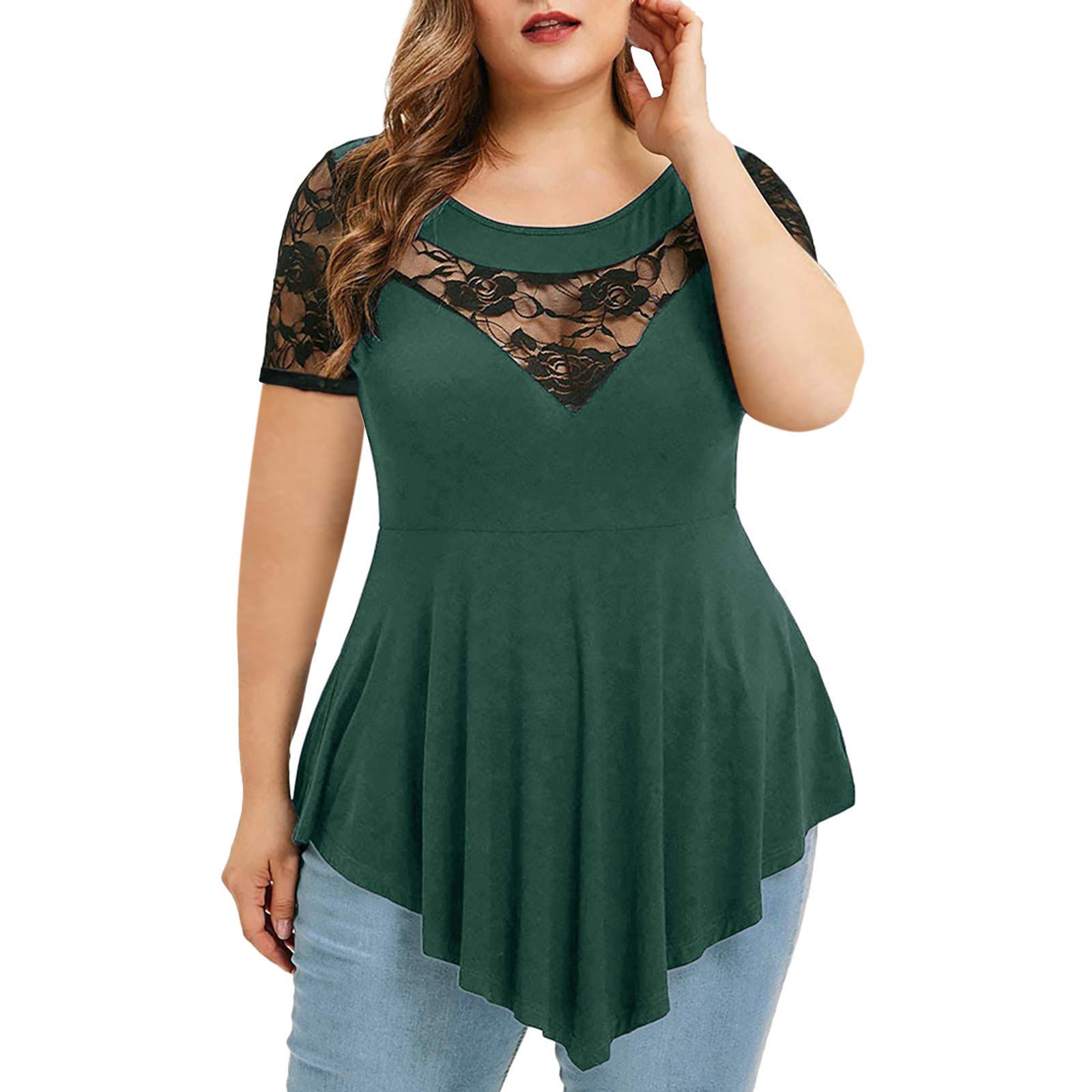 Plus Size Women's Tops - Floral Lace Asymmetrical 3/4 Sleeve Blouse with O-Neck Design | Casual & Work Wear for Curvy Women | Perfect for Office, Dating & Special Occasions