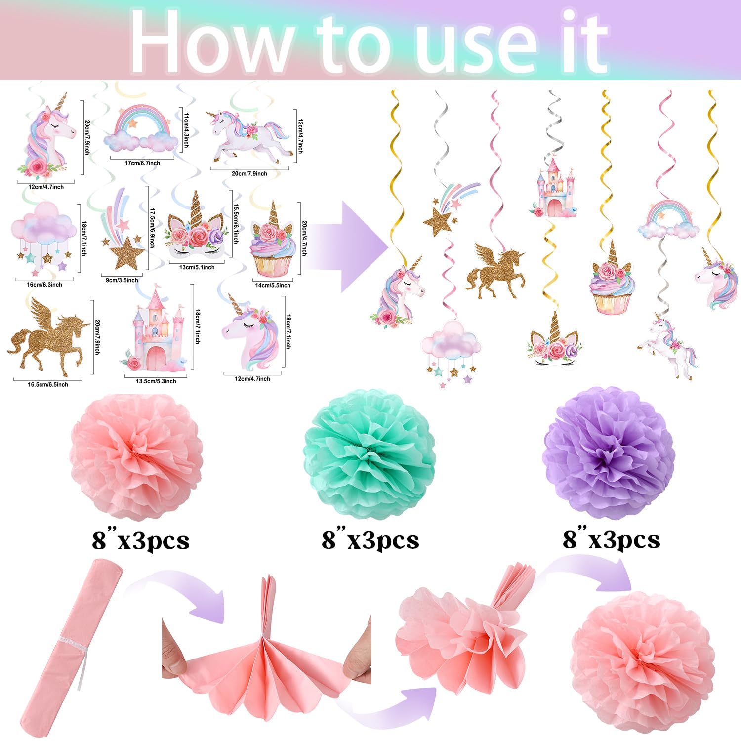 Magical Unicorn Birthday Party Decorations Set - 9pcs Tissue Paper Pom Poms, 10pcs Hanging Swirls, Macaron Garland & Happy Birthday Banner - Perfect for Girls' Birthday Parties, Baby Showers & Unicorn Themed Events