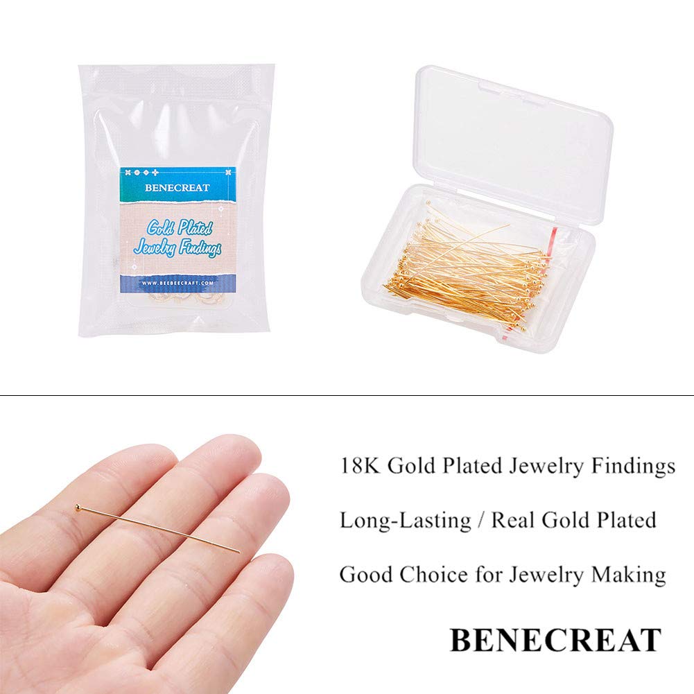 BENECREAT 100PCS 18K Real Gold Plated Ball Head Pins - 22 Gauge, 45mm (1.8