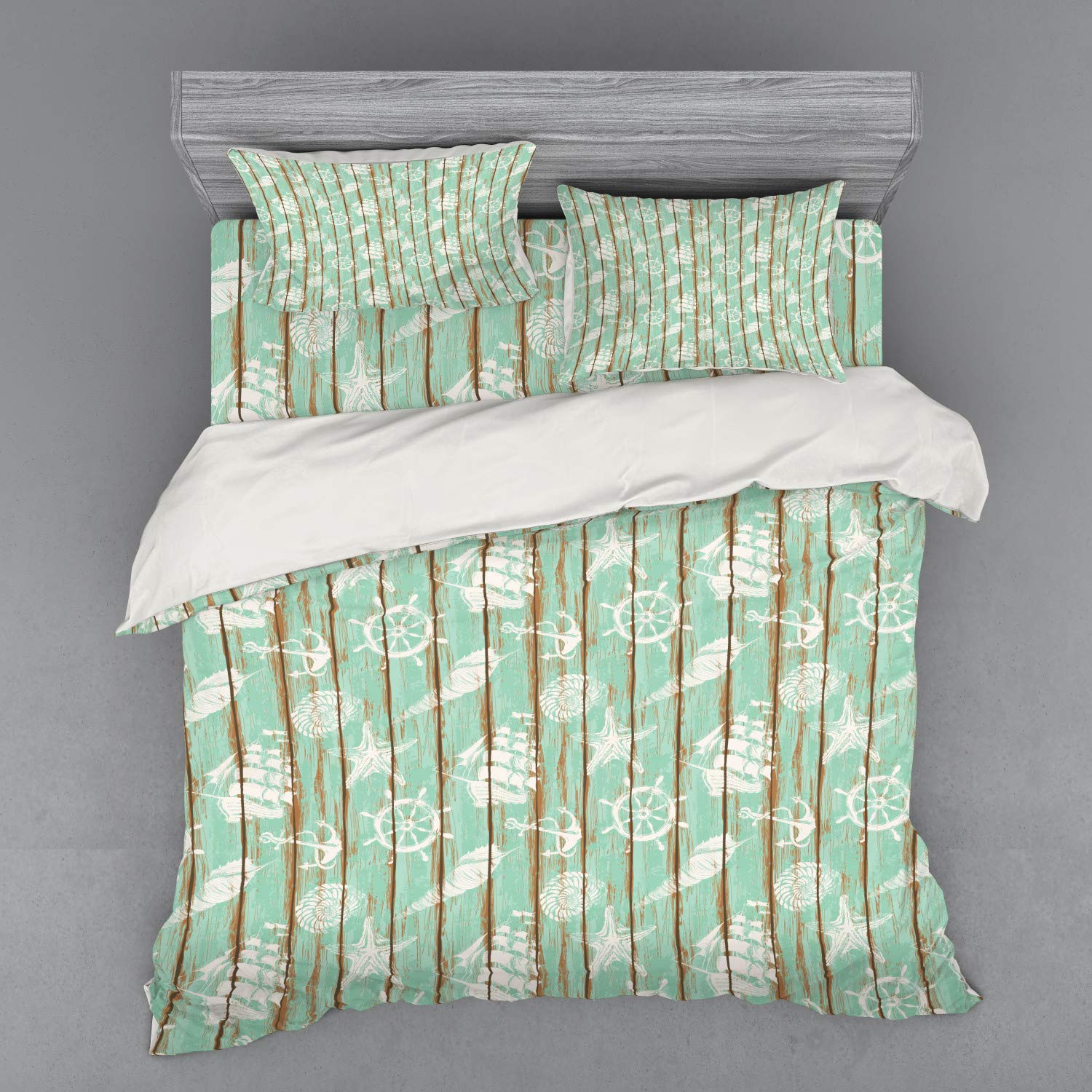 Ambesonne Nautical Bedding Set - King Size 4-Piece Duvet Cover with Shams & Fitted Sheet, Ships Wheel Anchor Seashell Starfish Sailboat Design in Mint Green | Perfect for Coastal Themed Bedrooms & Beach House Decor