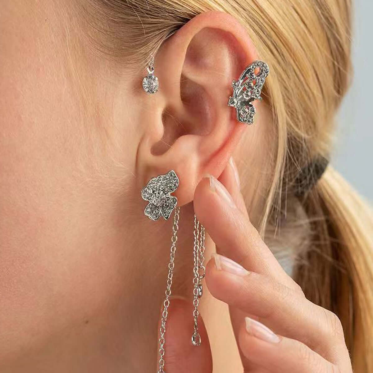 Non-Pierced Butterfly Tassel Elf Ear Clip Rose Wrap Climber Earrings for Women - Boho Festival Accessories | Perfect for Cosplay, Halloween Costumes & Fairy Themed Parties (Style A0148)
