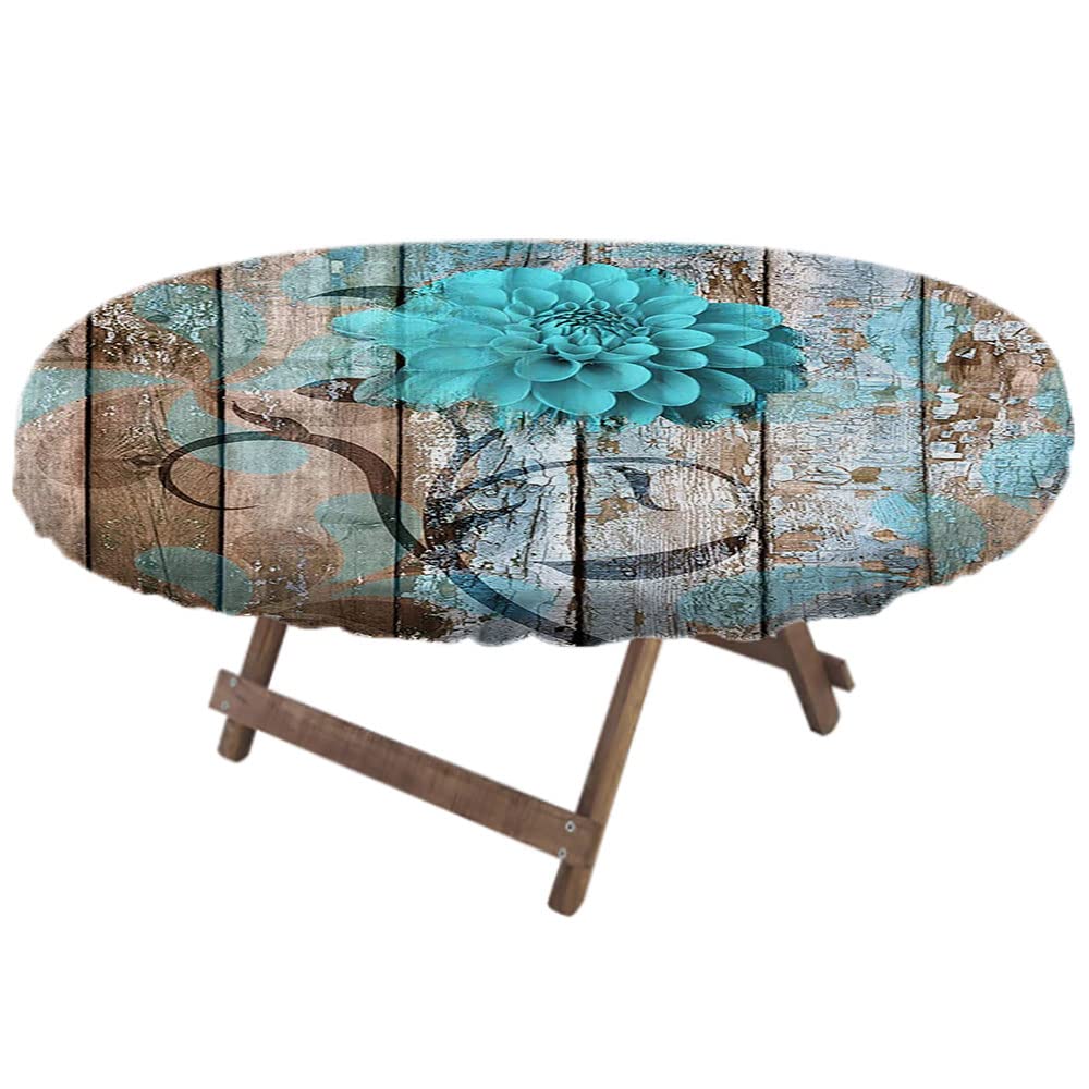 Teal Dahlia Oval Elastic Fitted Tablecloth - Stretchable Rustic Floral Table Cover for 48x68 Inch Kitchen Dining Table | Perfect for Country Style Decor, Outdoor Picnics & Farmhouse Events