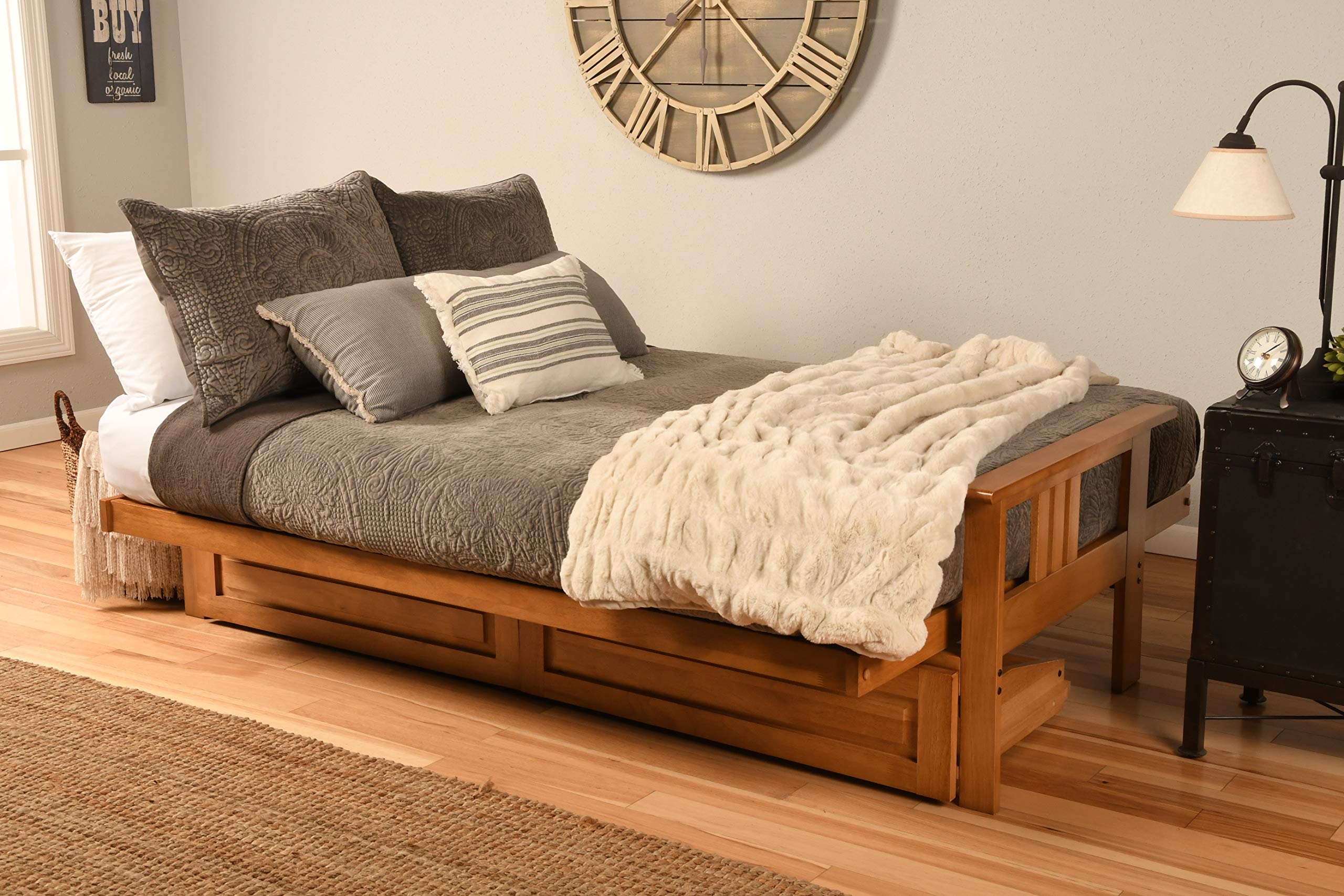 Kodiak Furniture Monterey Futon Set with Storage Drawers - Butternut Wood Base & Black Suede Mattress | Space-Saving Sleeper Sofa for Small Apartments, Guest Rooms & Dorm Living