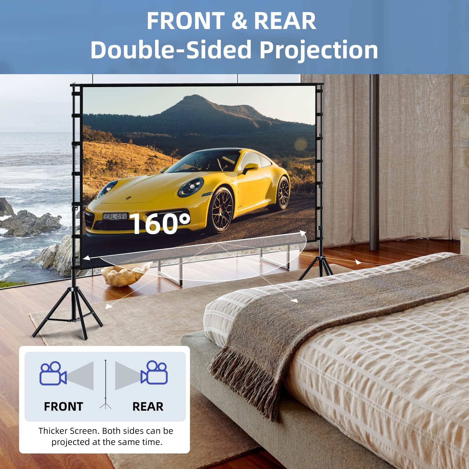 Towond 150 Inch Portable Projector Screen with Stand - Indoor/Outdoor 16:9 4K HD Movie Screen for Home Theater & Backyard Cinema | Wrinkle-Free Design, Includes Carry Bag | Perfect for Movie Nights, Outdoor Events & Presentations
