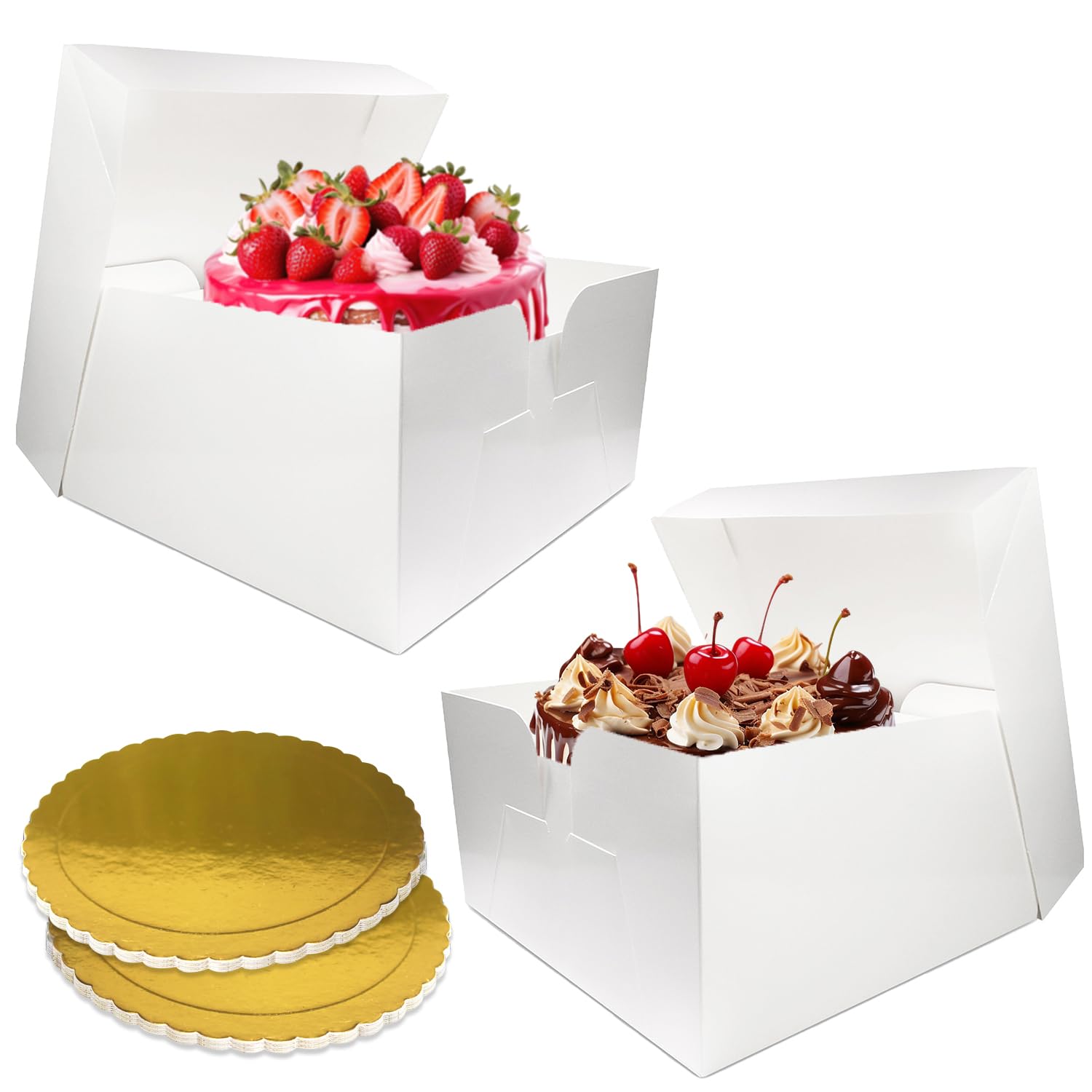 2-Pack 10-Inch White Cake Boxes with Golden Cake Boards - Sturdy Removable Lid for Safe Transport of Cakes, Pies, Muffins & Donuts - Perfect for Bakeries, Weddings & Party Desserts - Dust & Moisture Resistant