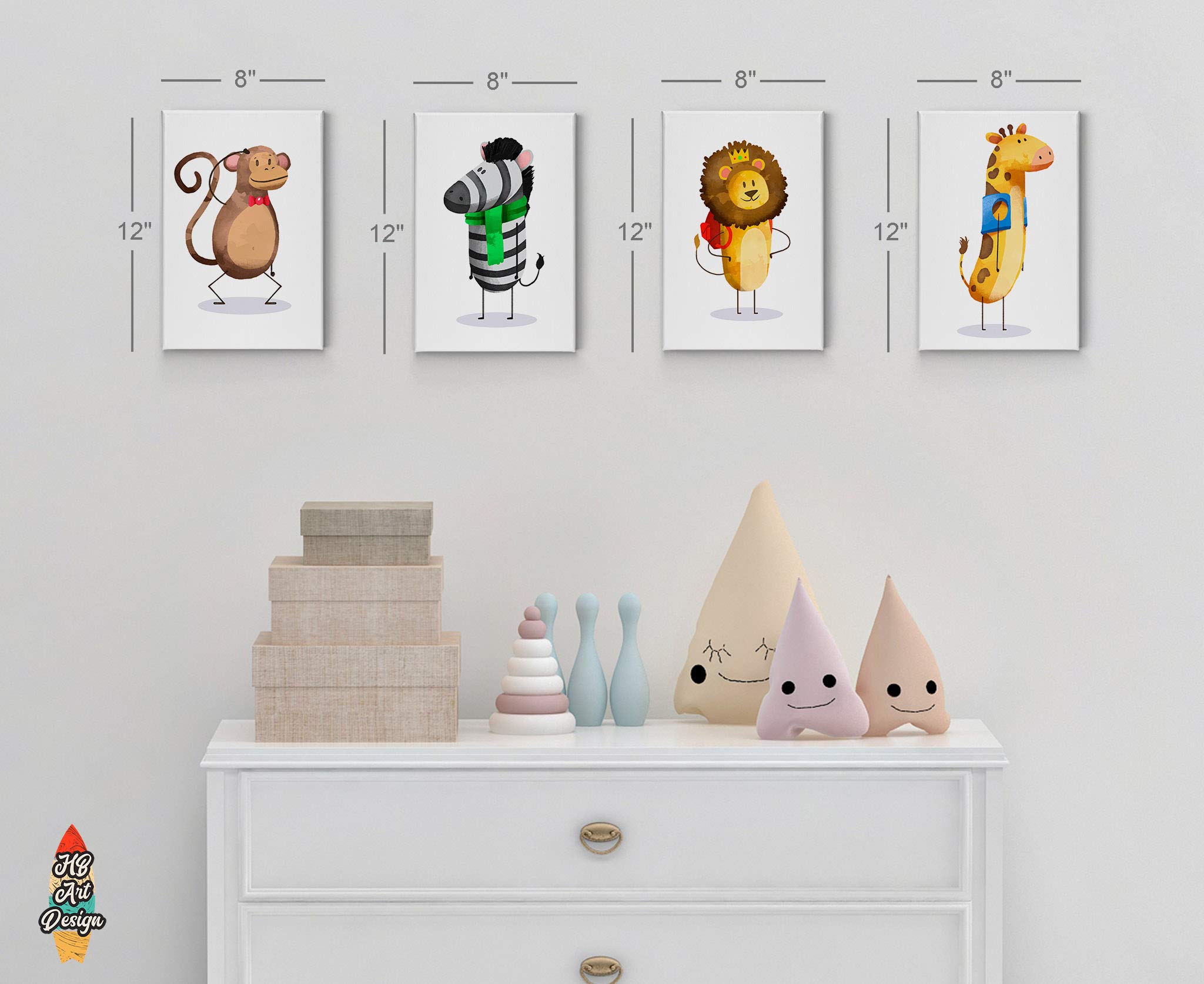 HB Art Design Monkey Zebra Lion Giraffe 4-Panel Canvas Wall Art - Handmade Nursery Decor for Baby Girl & Boy Rooms - Ready to Hang Animal Themed Kids Room Decor (Set of 4, 22x15 inches) - Perfect for Nursery, Playroom or Children's Bedroom