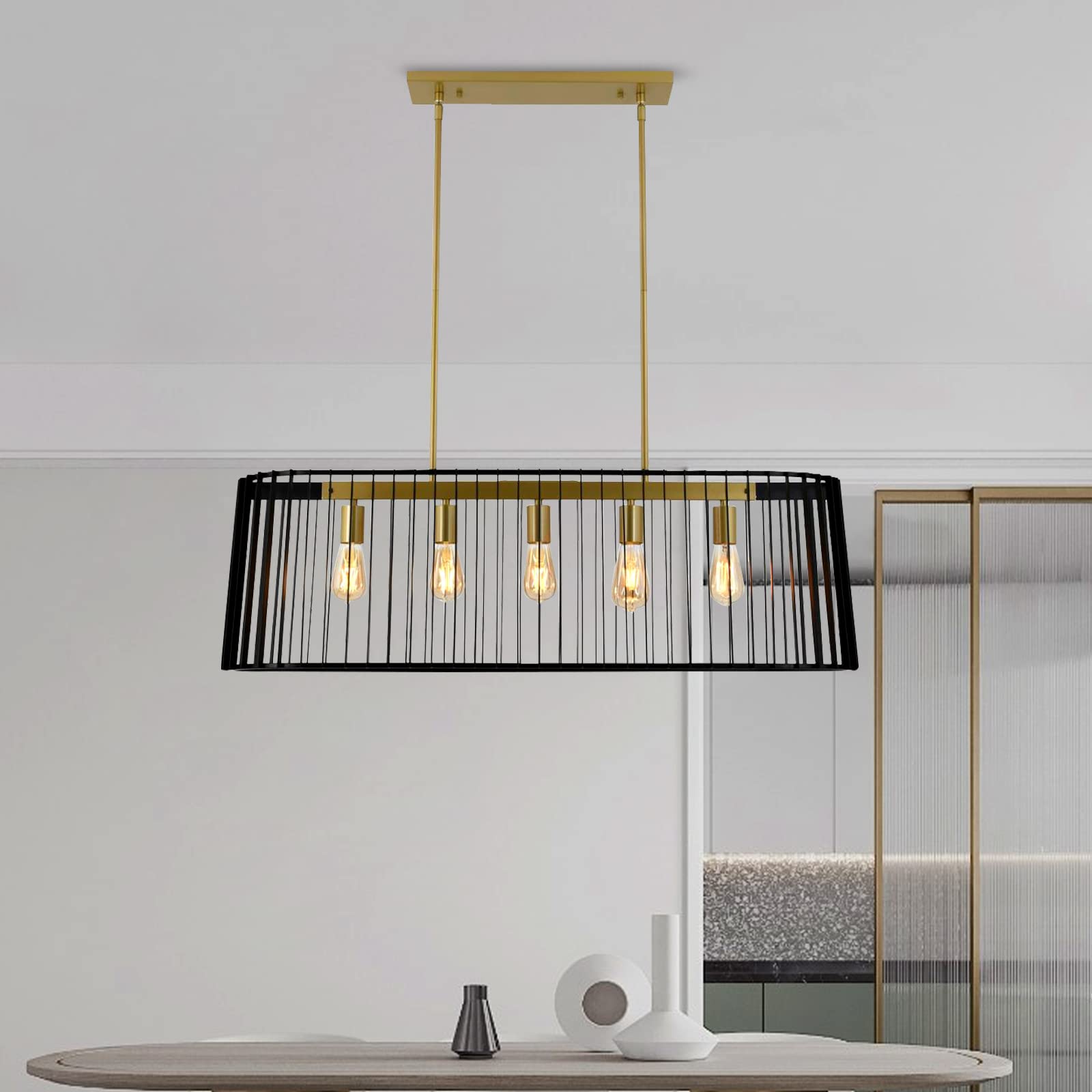 Maxax Modern 5-Light Rectangle Chandelier - Black & Gold Iron Pendant Lamp with E26 Base, ETL Listed - Perfect for Kitchen, Hallway, Living Room & Dining Room Lighting | Elegant Ceiling Fixture for Home Decor & Interior Design
