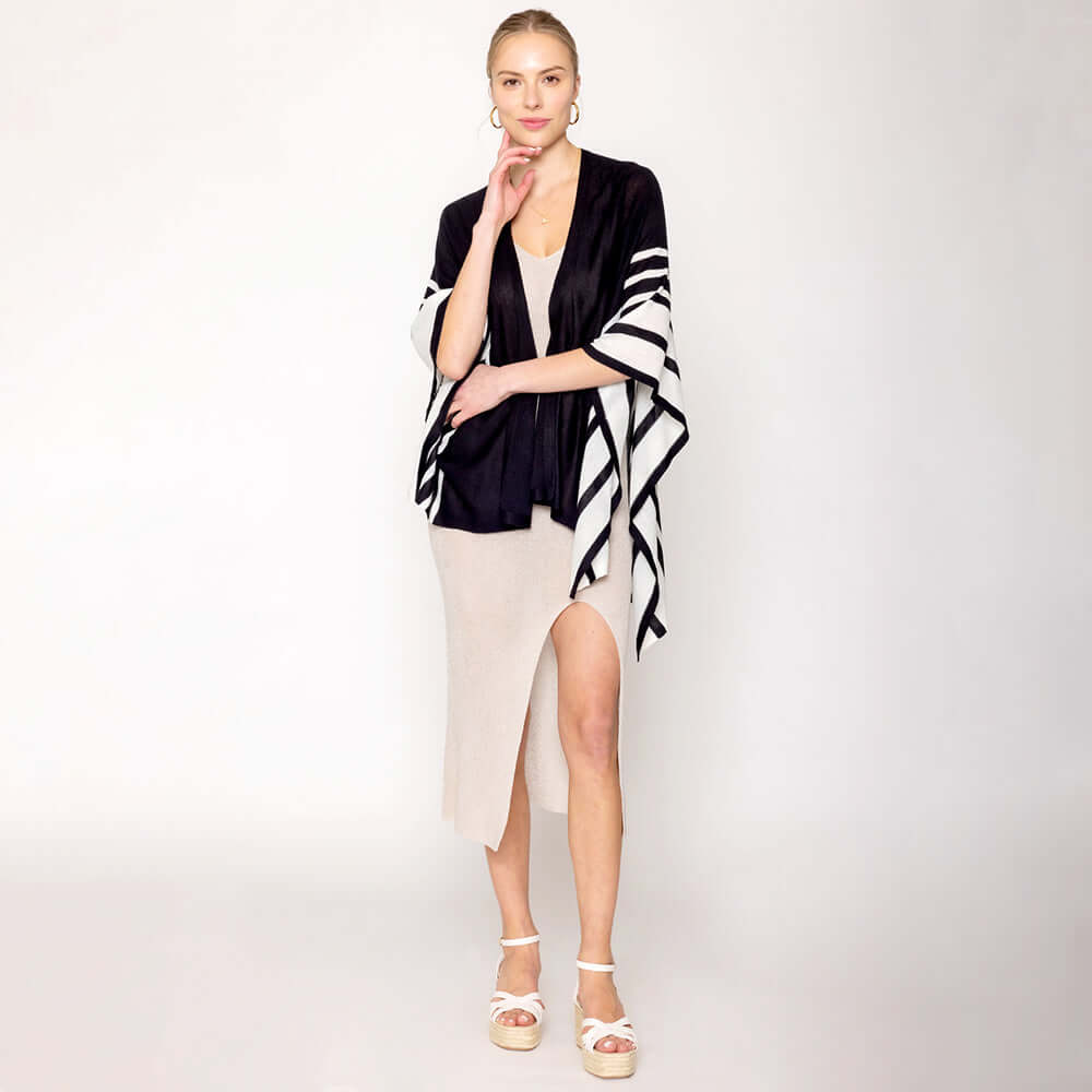 Stylish Black & White Two Tone Border Ruana Poncho - Elegant Wrap for Women | Perfect for Fall, Winter, and Special Occasions