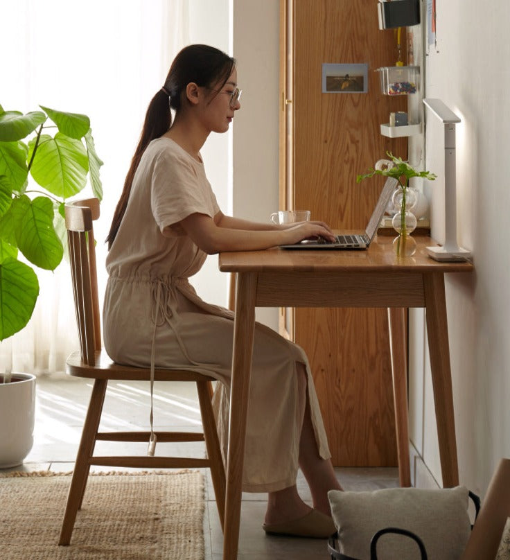 Solid Oak Wood Office Desk with Spindle-Shaped Slanted Legs - Modern Home Office Furniture for Work & Study