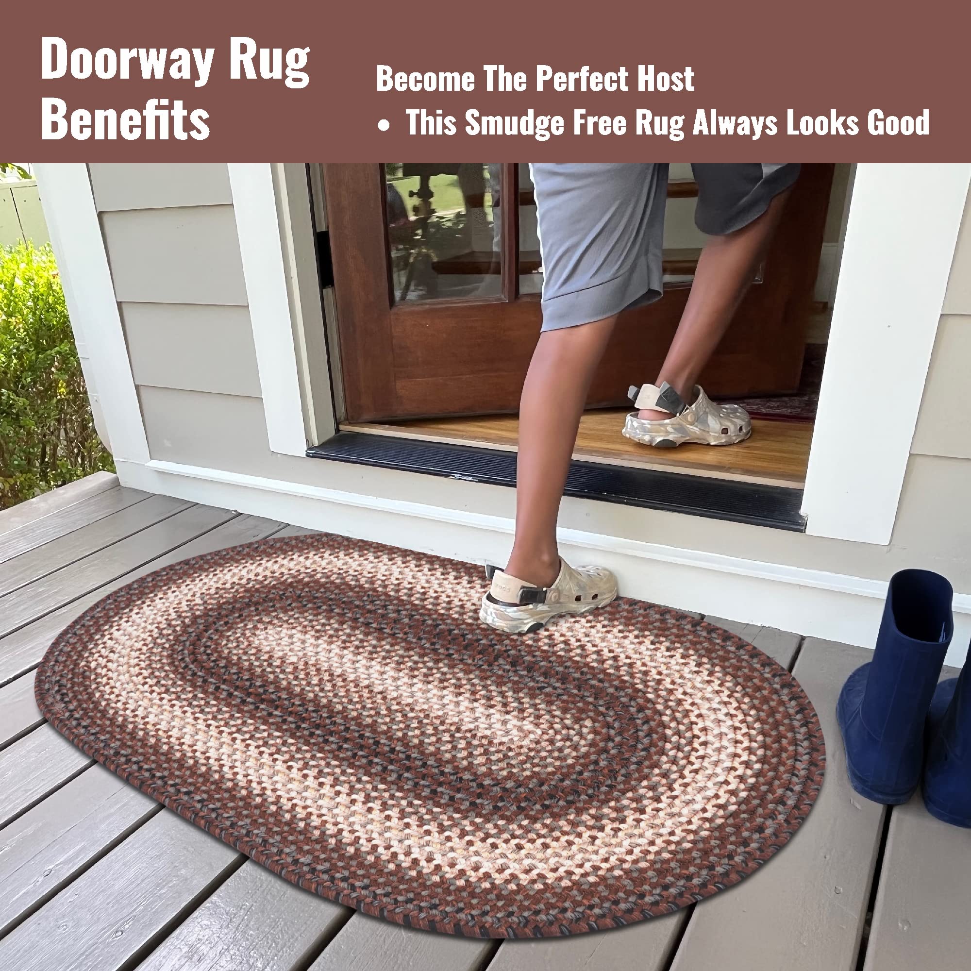 Homespice Driftwood Oval Braided Rug - Waterproof & Reversible Bath Mat, 27x45 Inch Rustic Country Style Floor Rug for Bathroom, Kitchen, Entryway - Stain Resistant Handwoven Door Mat in Black & Brown