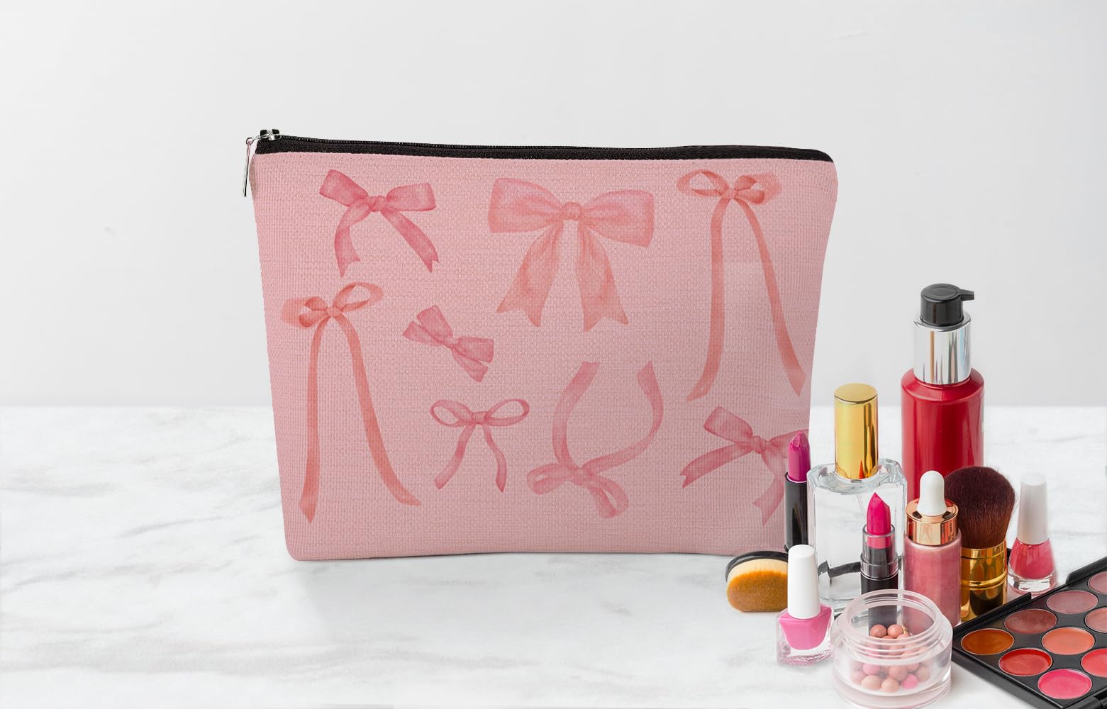 EXUQO Coquette Pink Bow Preppy Small Makeup Bag for Women | Trendy Cosmetic Pouch with Zipper | Perfect Gift for Teen Girls, Mother, Sister & Friend | Birthday, Travel & Toiletry Organizer | Cute Pink Aesthetic Accessory for School, Work & Vacation