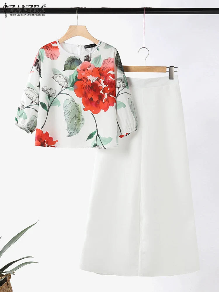 Stylish Women's 3/4 Sleeve Blouse & Wide Leg Pant Suit Set - ZANZEA 2-Piece Casual Printed Tracksuit for Summer | Perfect for Office Wear, Vacation Outfits & Casual Street Style