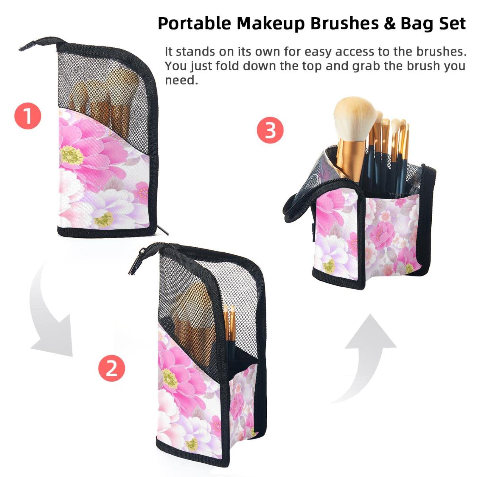 Floral Pink & White Makeup Brush Organizer Bag with 12 Slots - Portable Travel Cosmetic Brush Holder Case for Professional Makeup Artists & Home Use