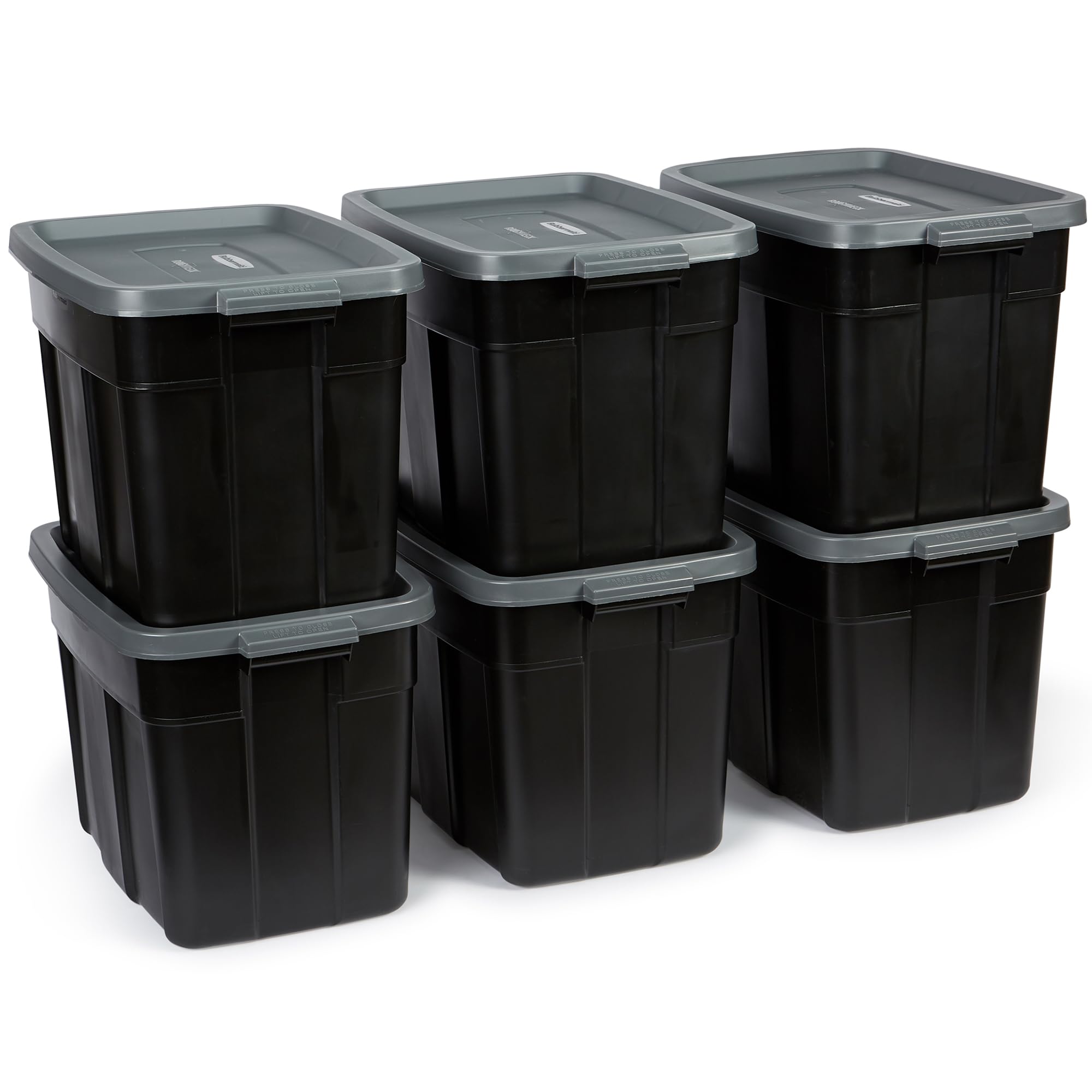 Rubbermaid Roughneck 18 Gallon Heavy-Duty Storage Totes (6-Pack) – Black & Gray Stackable Plastic Bins with Lids & Handles – Made in USA – Perfect for Garage Organization, Home Storage & Moving Supplies