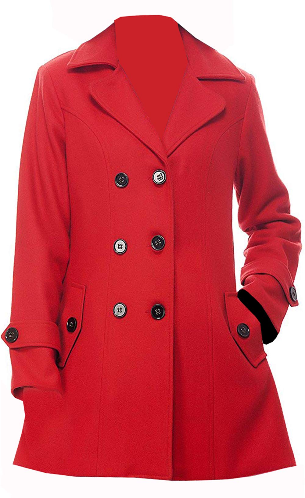 VearFit Women's Wool Blend Trench Coat - Long Pea Coat in Red & Black | Winter Fashion Outerwear for Work, Dating & Formal Occasions
