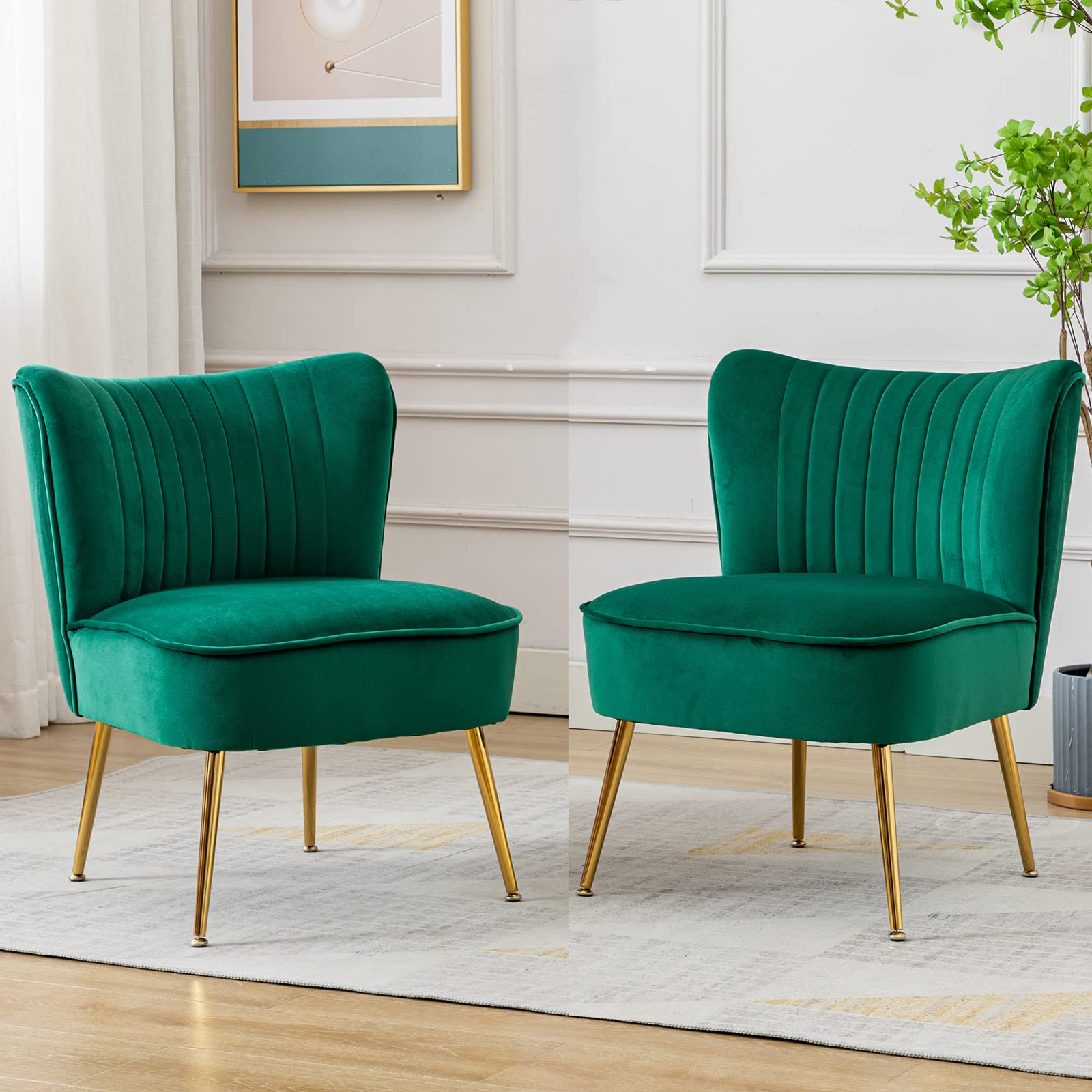 DUOMAY Modern Velvet Accent Chair Set of 2 - Green Wingback Slipper Chairs with Gold Metal Legs for Living Room, Bedroom, Entryway - Space Saving Small Corner Chairs for Apartments & Cozy Reading Nooks
