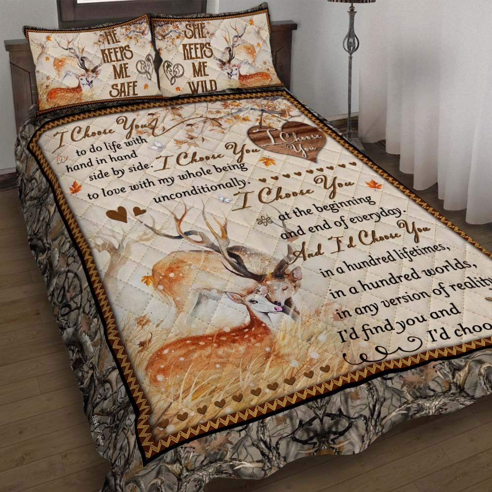 GEEMBI Quilt Bedding Set - 'I Choose You' Buck & Doe Quilt King Size Coverlet | All-Season Soft Microfiber Bedspread with Matching Pillows | Perfect for Cozy Bedroom Decor, Wedding Gifts & Seasonal Home Styling (King/Queen/Twin)