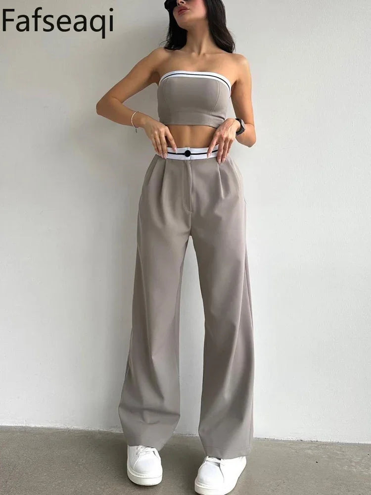 Black Women's Tracksuit Set - Sexy Boob Tube Top with Slash Neck & Contrast Color Wide Leg Pants | 2-Piece Outfit for Gym, Streetwear & Casual Fashion