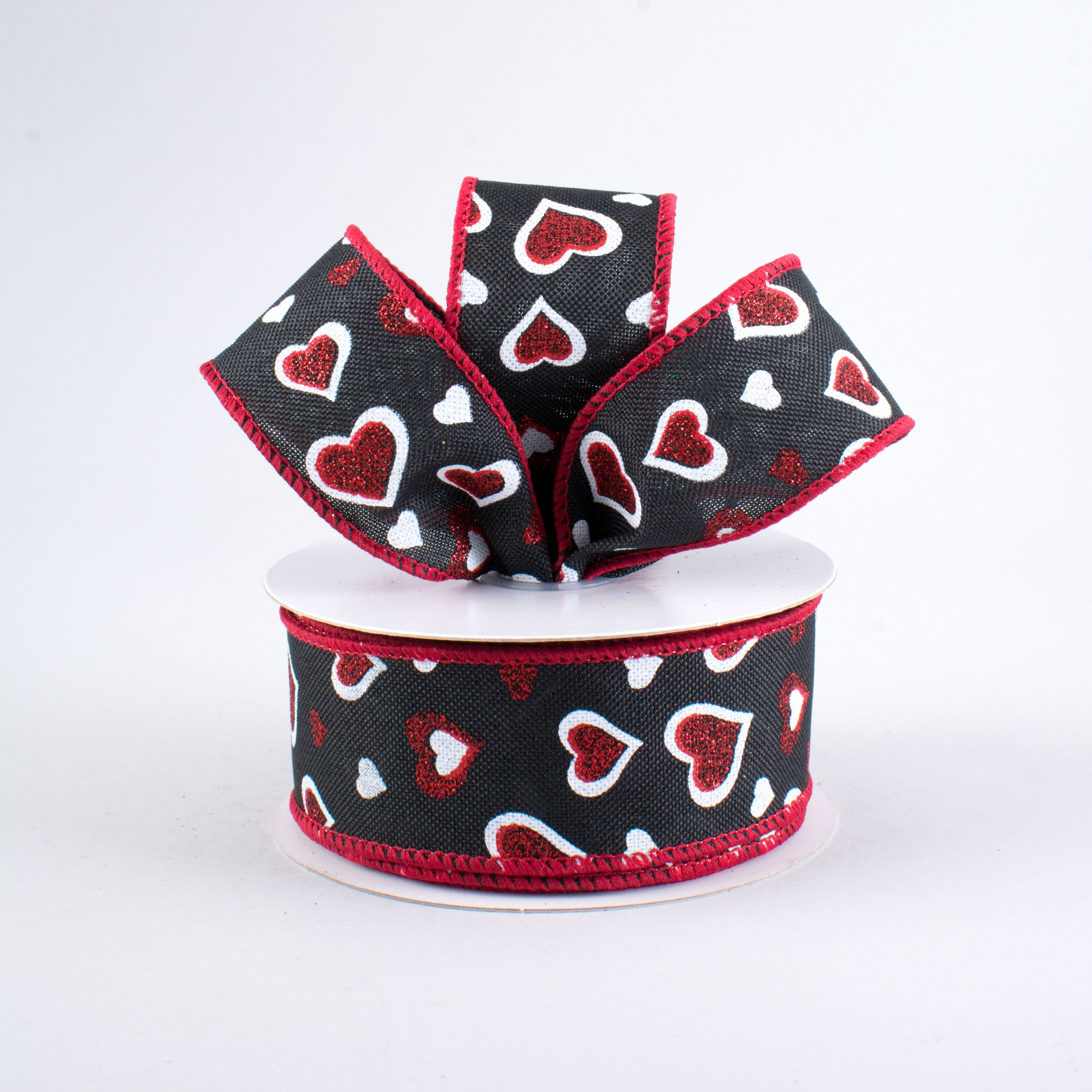1.5 Inch Glitter Hearts Ribbon - Black, Red, White (10 Yards) | Decorative Craft Ribbon for Gift Wrapping, DIY Scrapbooking, Party Decorations, Wedding Favors & Home Decor