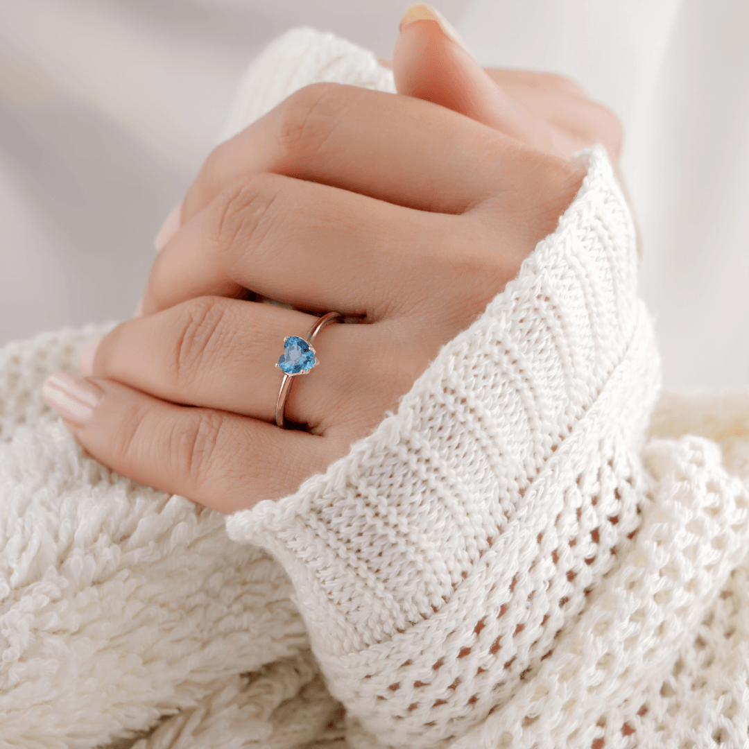 Blue Topaz Solitaire Heart Ring - Elegant Sterling Silver Jewelry for Women, Perfect for Valentine's Day Gifts, Anniversaries & Romantic Occasions