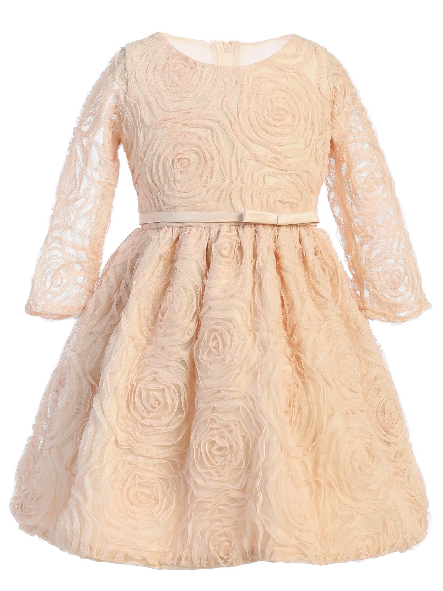 Elegant Champagne Rosette Mesh Junior Bridesmaid Dress for Big Girls - Size 7-12 | Perfect for Weddings, Prom & Special Occasions