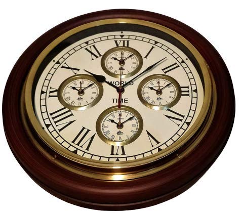 Vintage 16-Inch Wooden World Clock with 5 Time Zones - Antique Style Wall Decor for Home, Office & Travel Lovers | Perfect for Living Room, Bedroom or Study