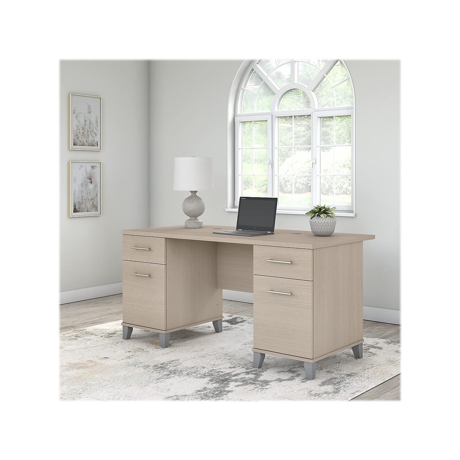 Bush Furniture Somerset 60W Office Desk with Drawers in Sand Oak - Modern Home Office Desk with Storage for Small Spaces, Work from Home & Study
