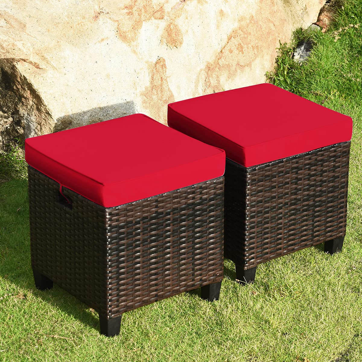 HAPPYGRILL 2-Piece Outdoor Patio Ottoman Set - Rattan Wicker Footstool with Removable Cushions, Durable Patio Furniture for Garden, Poolside, and Deck Relaxation